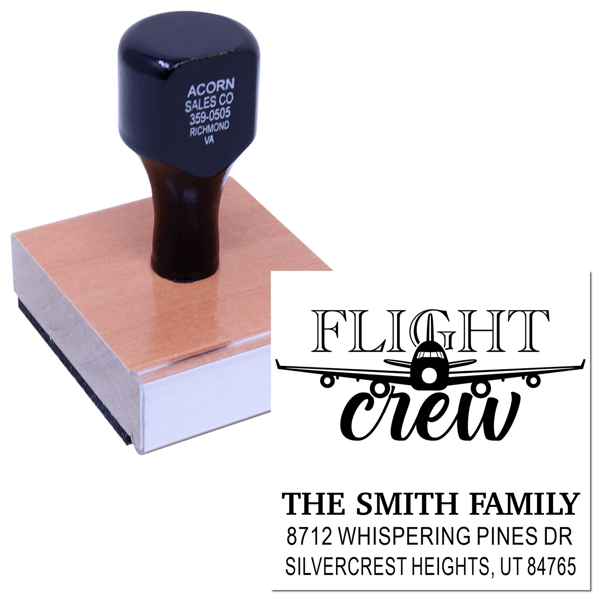 Custom airplane crew address rubber stamp on a white background, showing a Flight Crew design and family mailing address imprint.