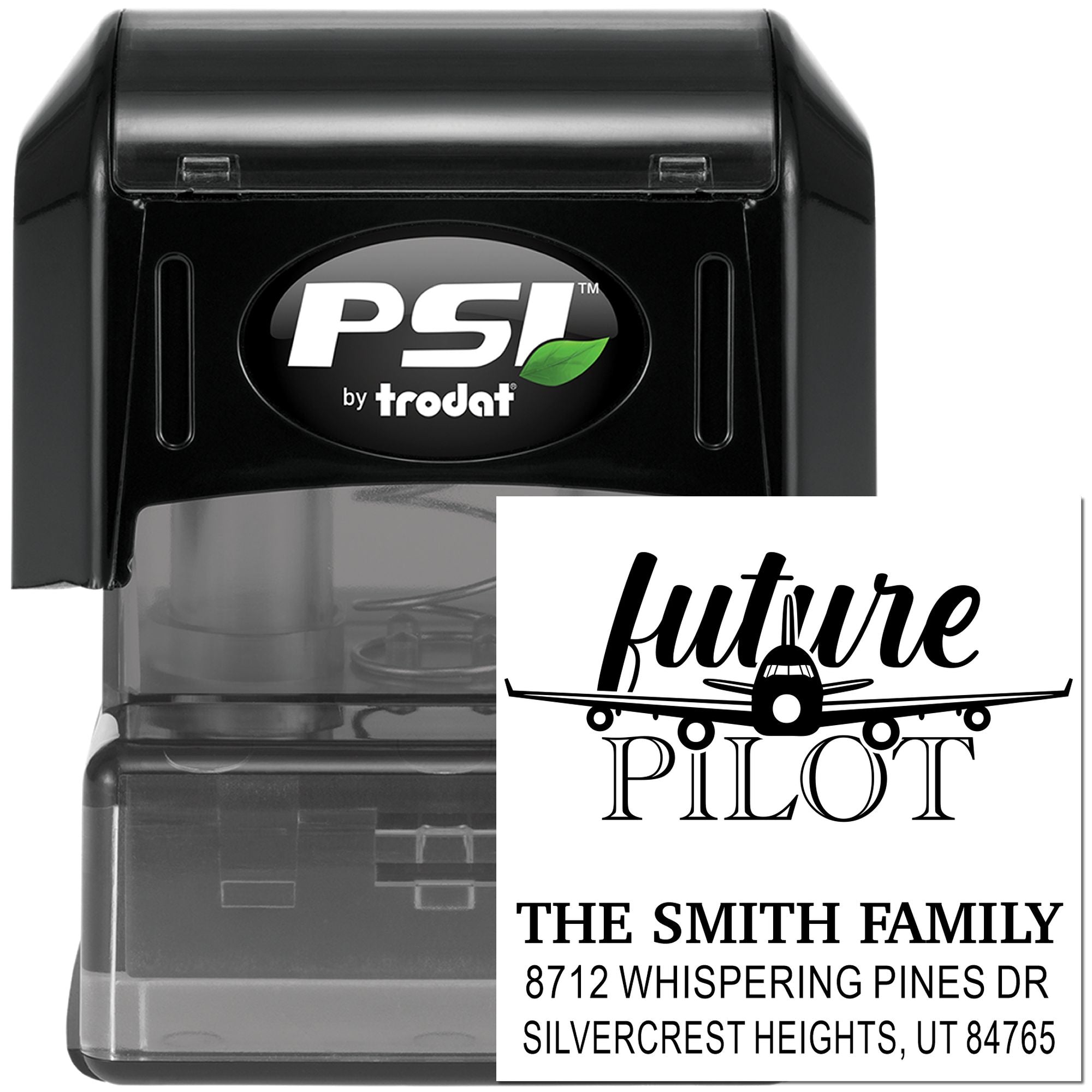 PSI by Trodat self-inking custom address stamp with Future Pilot airplane design, Smith family name and Silvercrest Heights, UT return address.