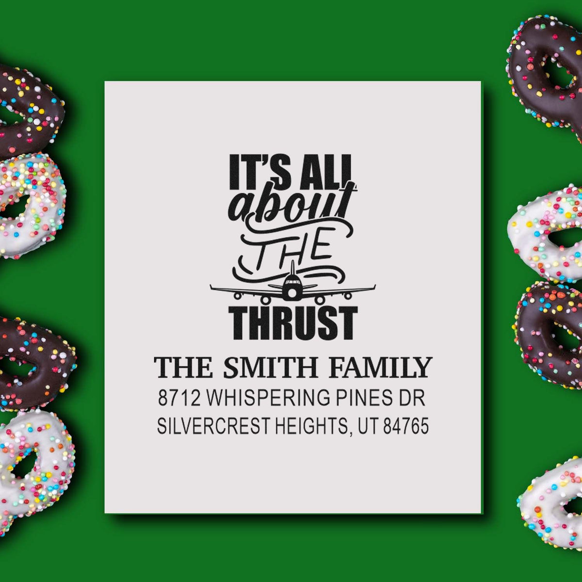 Personalized airplane return address stamp with Its all about the thrust quote, Smith family name, and address in a custom self-inking stamp design.