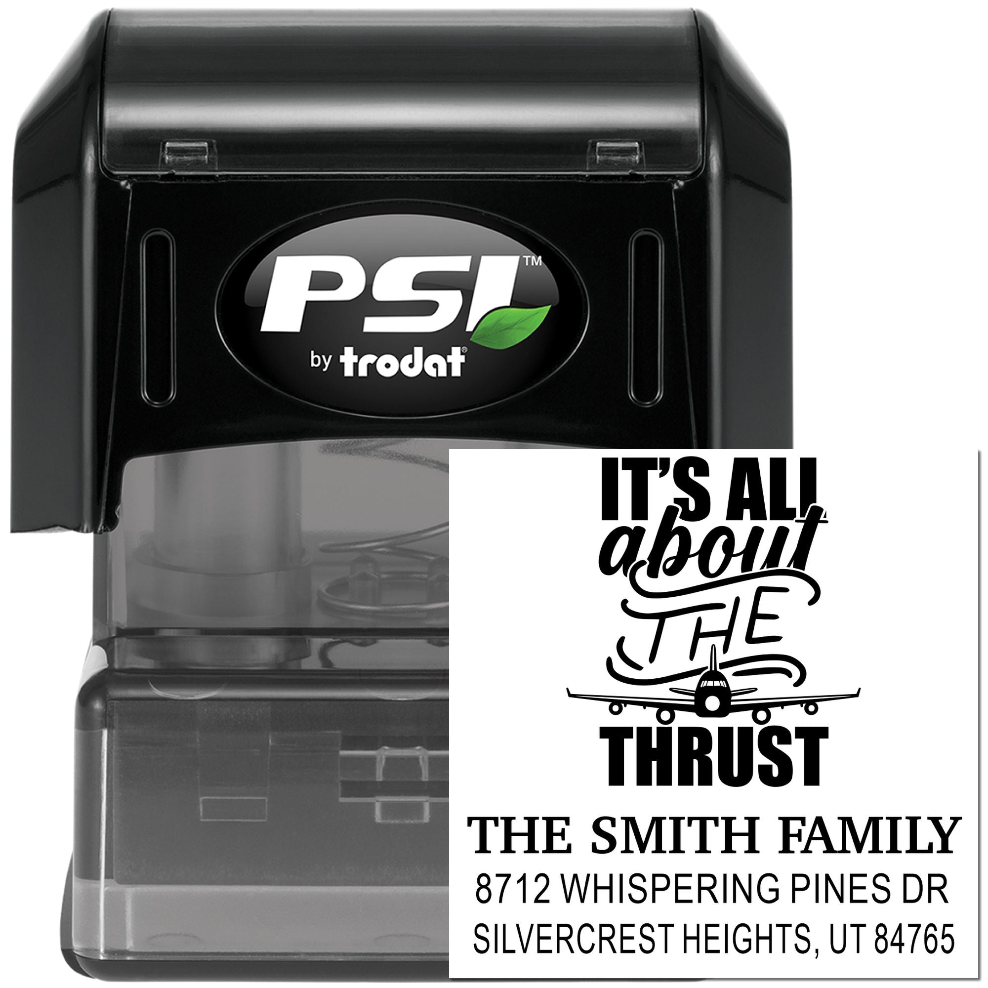 PSI by Trodat self-inking stamp with airplane design and custom address text for The Smith Family: Its all about the thrust.
