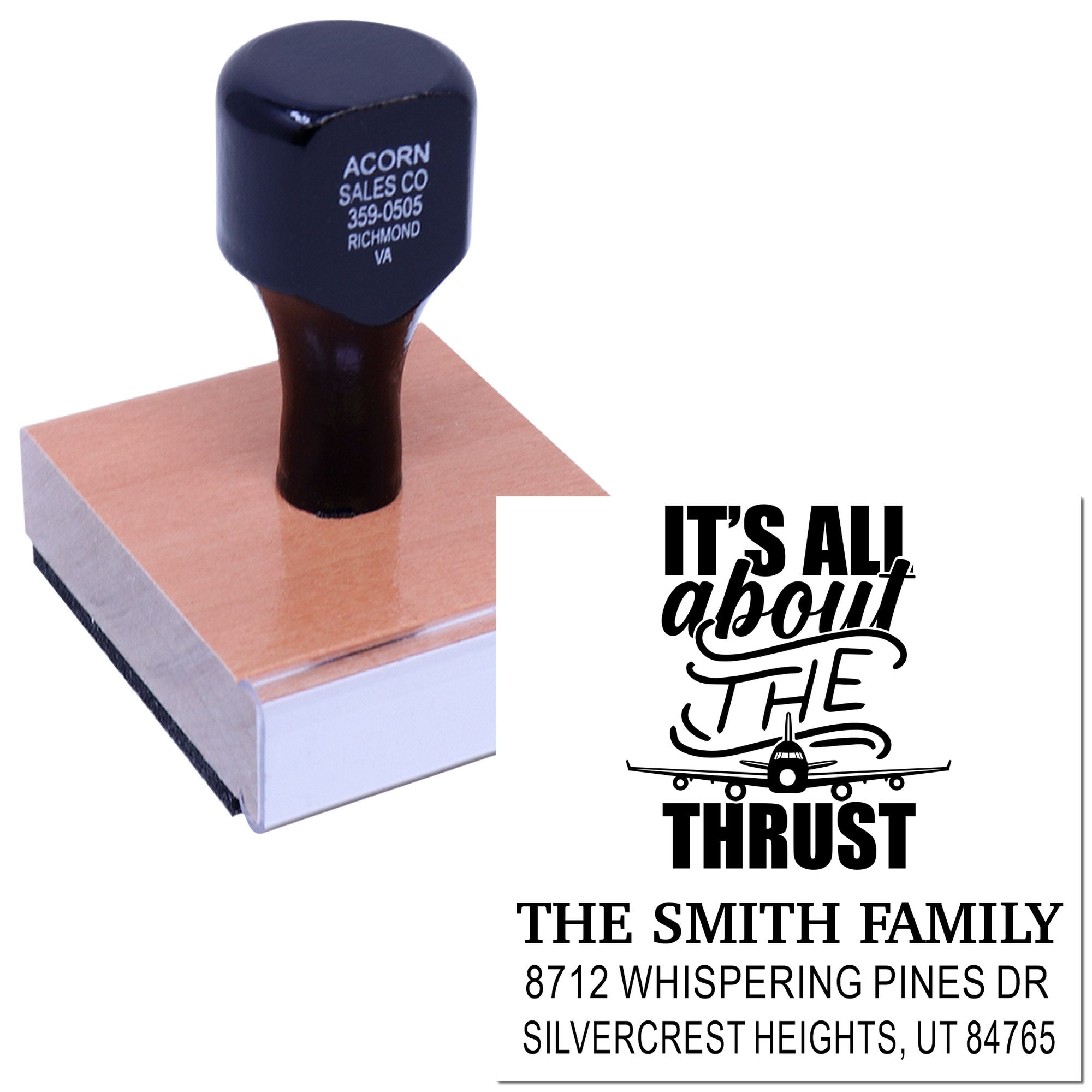 Custom self-inking stamps: black address stamp and airplane-themed Its all about the thrust family stamp on a white background.