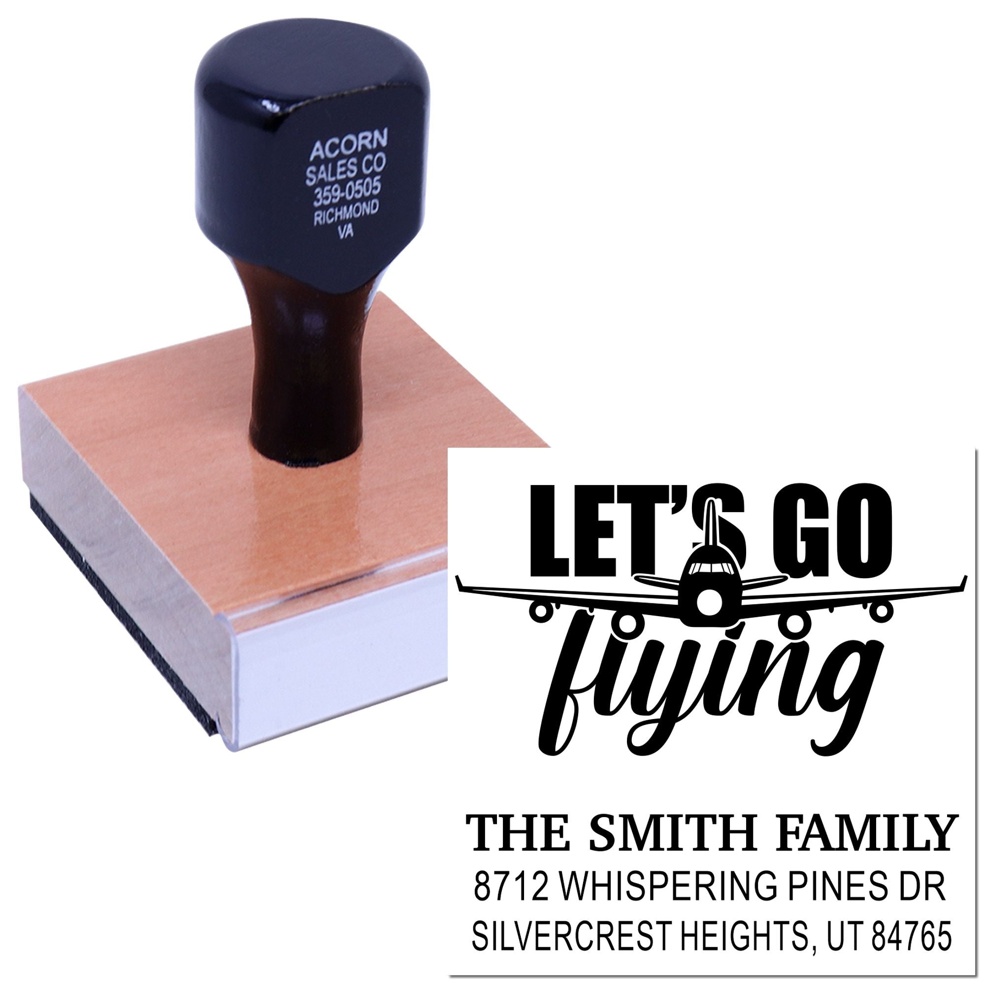 Custom self-inking stamp with airplane graphic and Lets Go Flying text, shown on white background with return address imprint for The Smith Family.