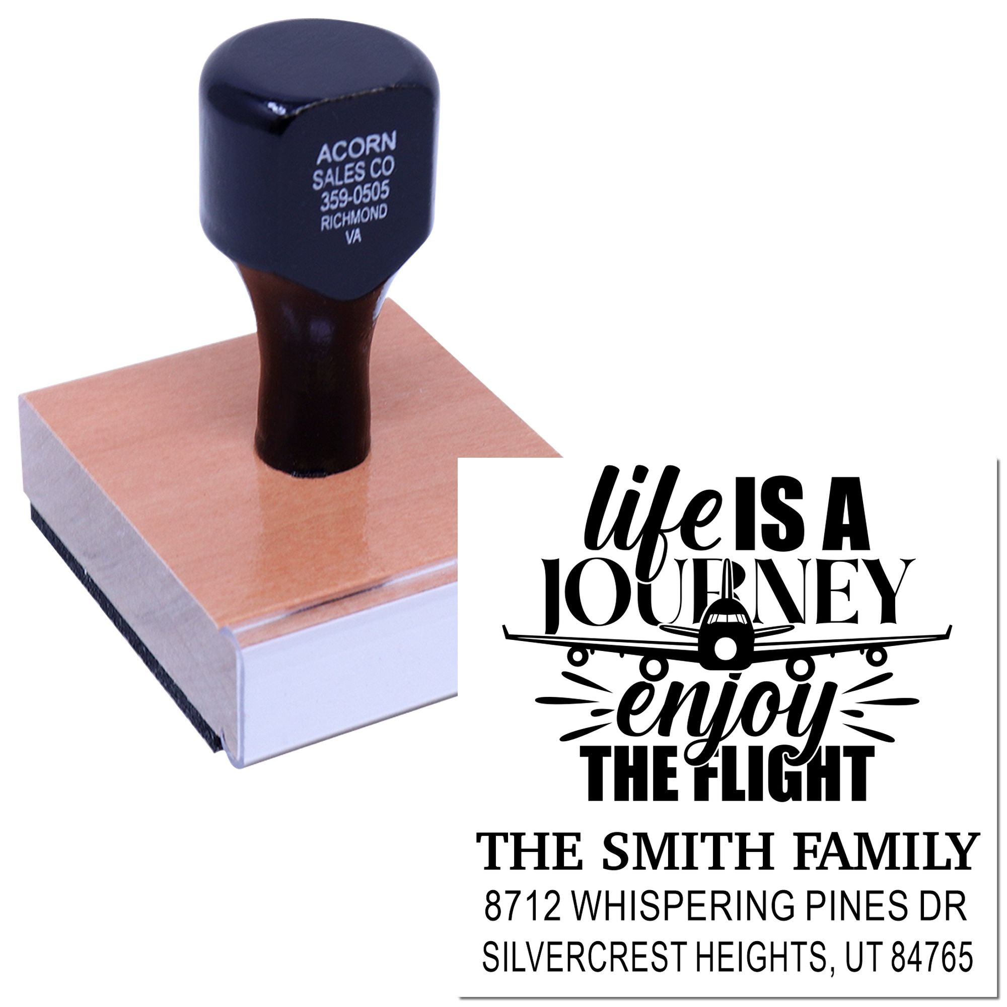 Custom self-inking address stamp with airplane graphic and Life Is a Journey, Enjoy the Flight design for The Smith Family in Silvercrest Heights, UT.
