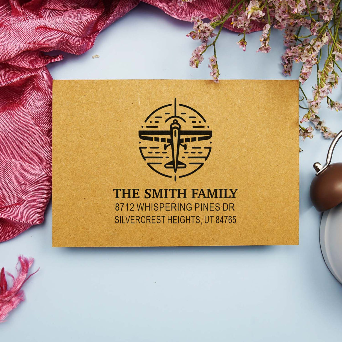Custom family return address stamp with airplane logo on kraft paper, styled with pink fabric and flowers on a light blue background.