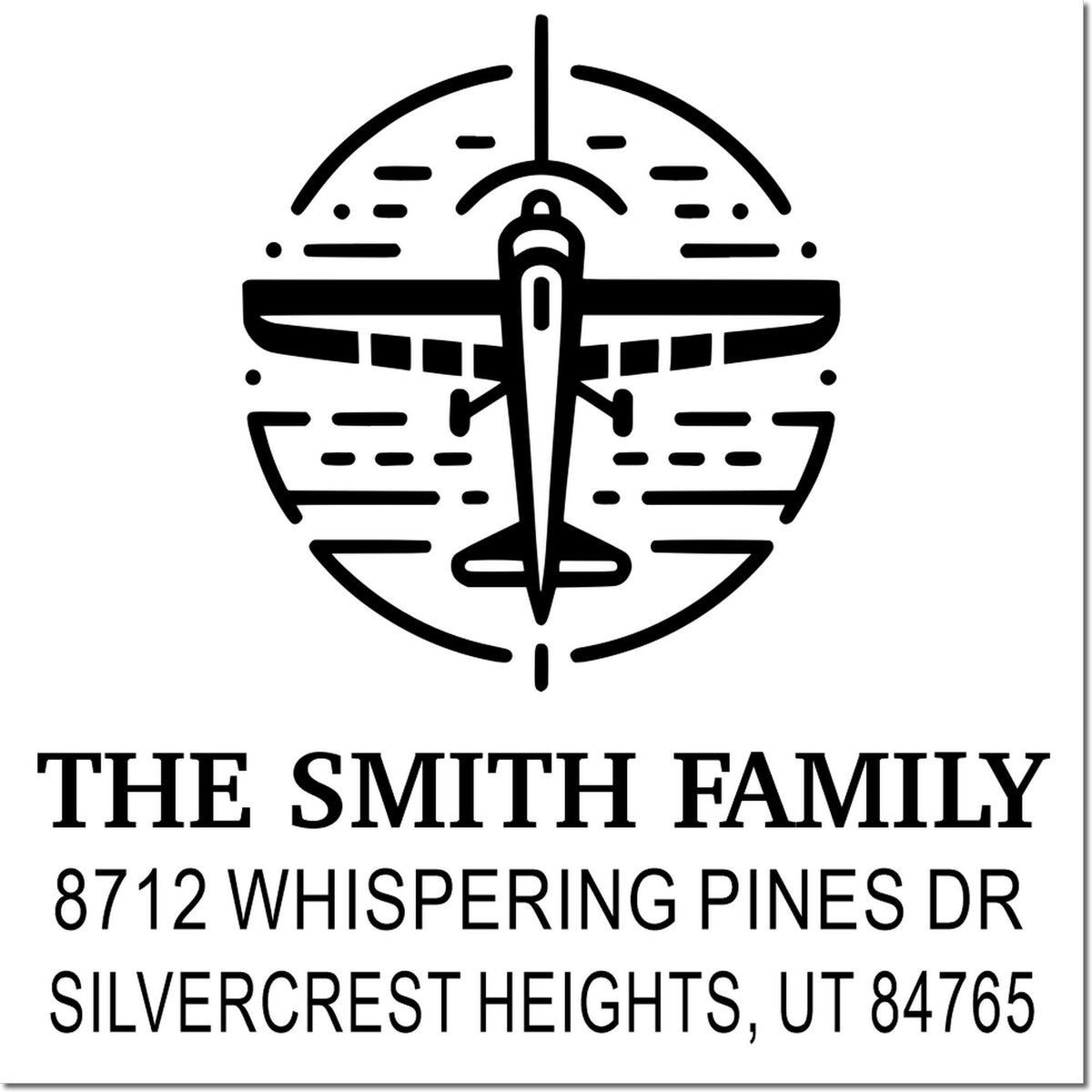 Custom address stamp with airplane logo for The Smith Family, 8712 Whispering Pines Dr, Silvercrest Heights, UT 84765.