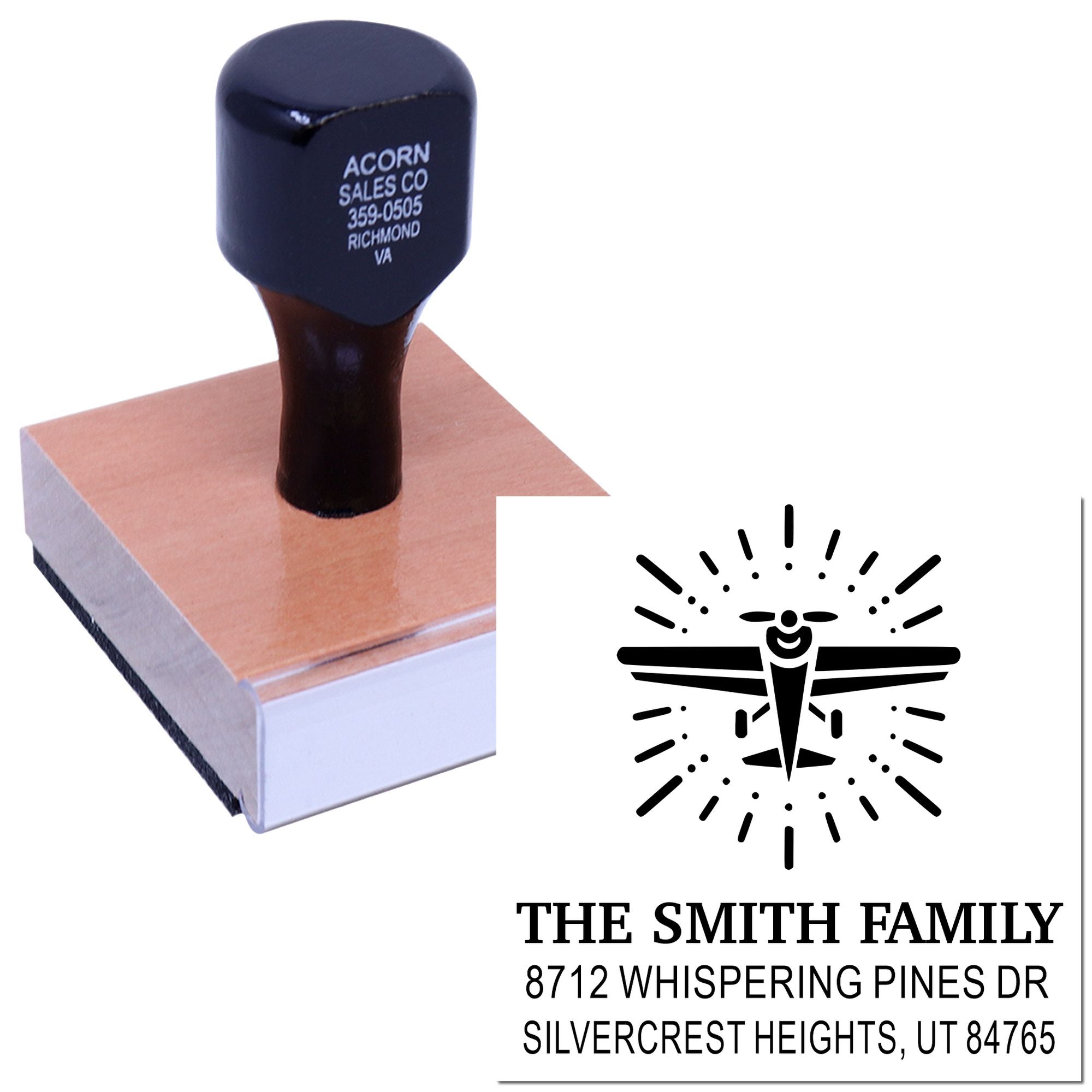 Custom self-inking address stamp with dragonfly design, shown on a wooden block with return address for The Smith Family in Silvercrest Heights, UT.