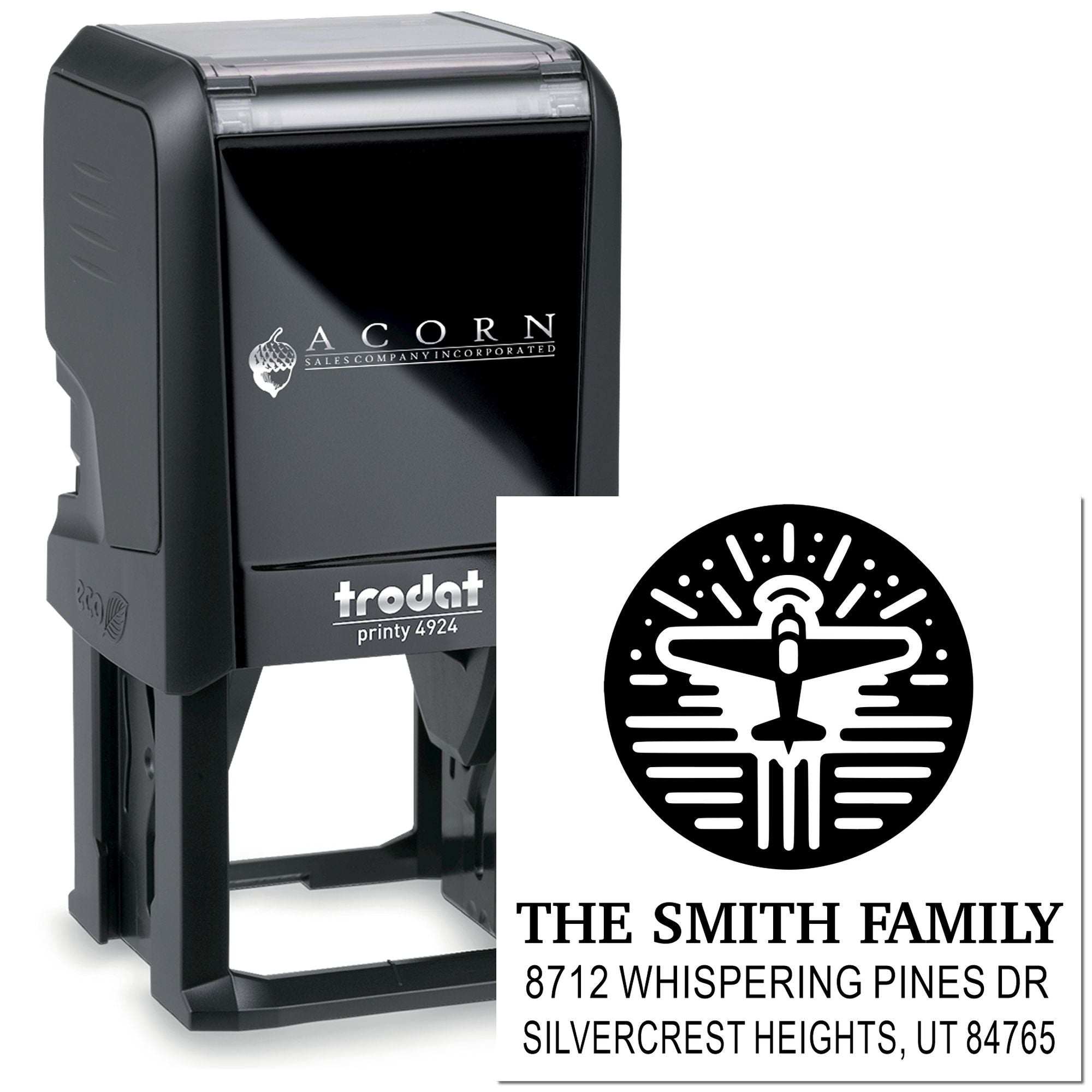 Custom self-inking address stamp with airplane icon, The Smith Family, Whispering Pines Dr and Silvercrest Heights, shown on a white background.