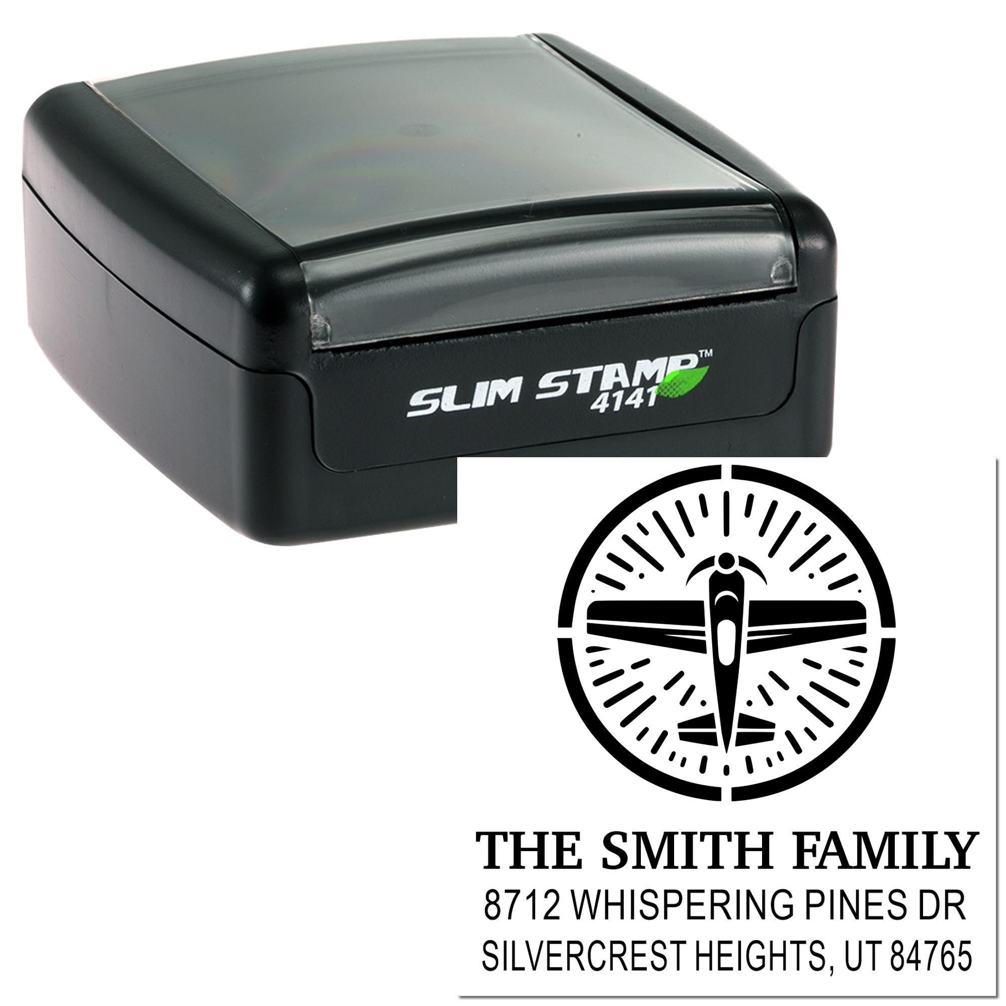 Slim Stamp 4141 self-inking return address stamp with custom Smith Family name, logo, and address on a white background.