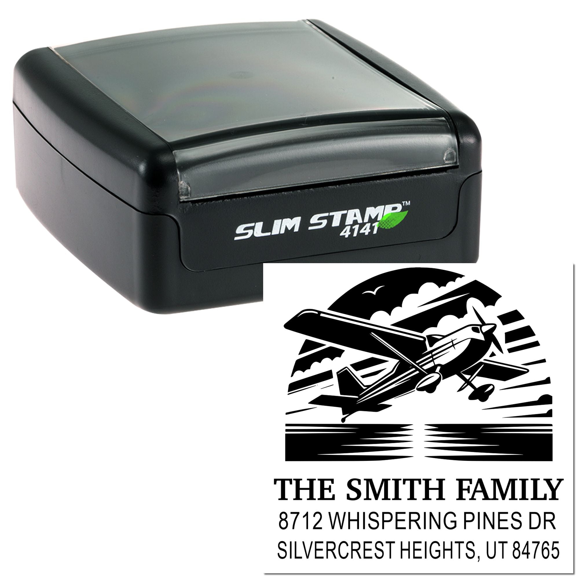 Slim Stamp 4141 self-inking address stamp with airplane graphic and The Smith Family mailing details on a white background.