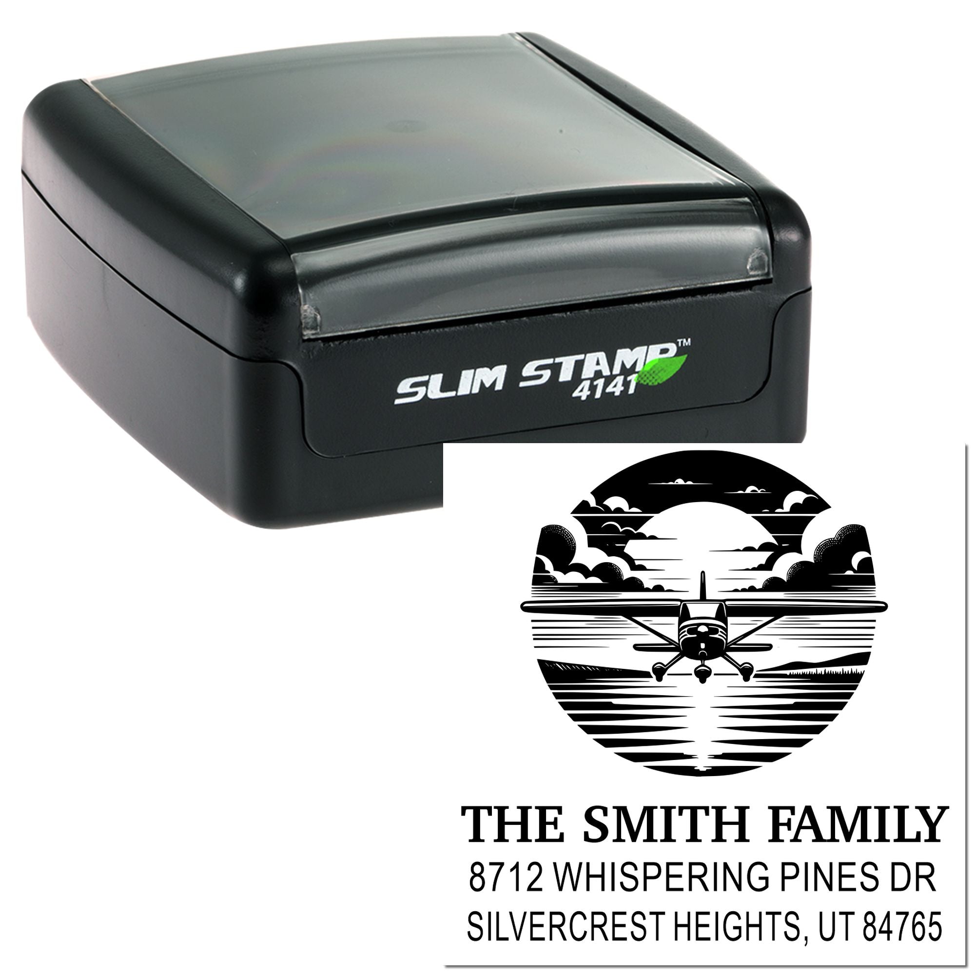 Slim Stamp 4141 self-inking custom address stamp with airplane graphic and Smith family name, shown with sample imprint on white background.