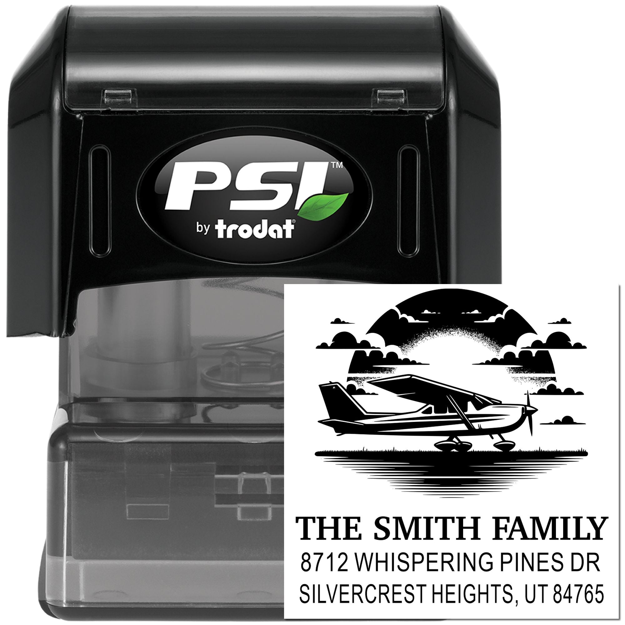 Custom self-inking PSI by Trodat stamp with airplane graphic and return address for The Smith Family, Silvercrest Heights, UT.