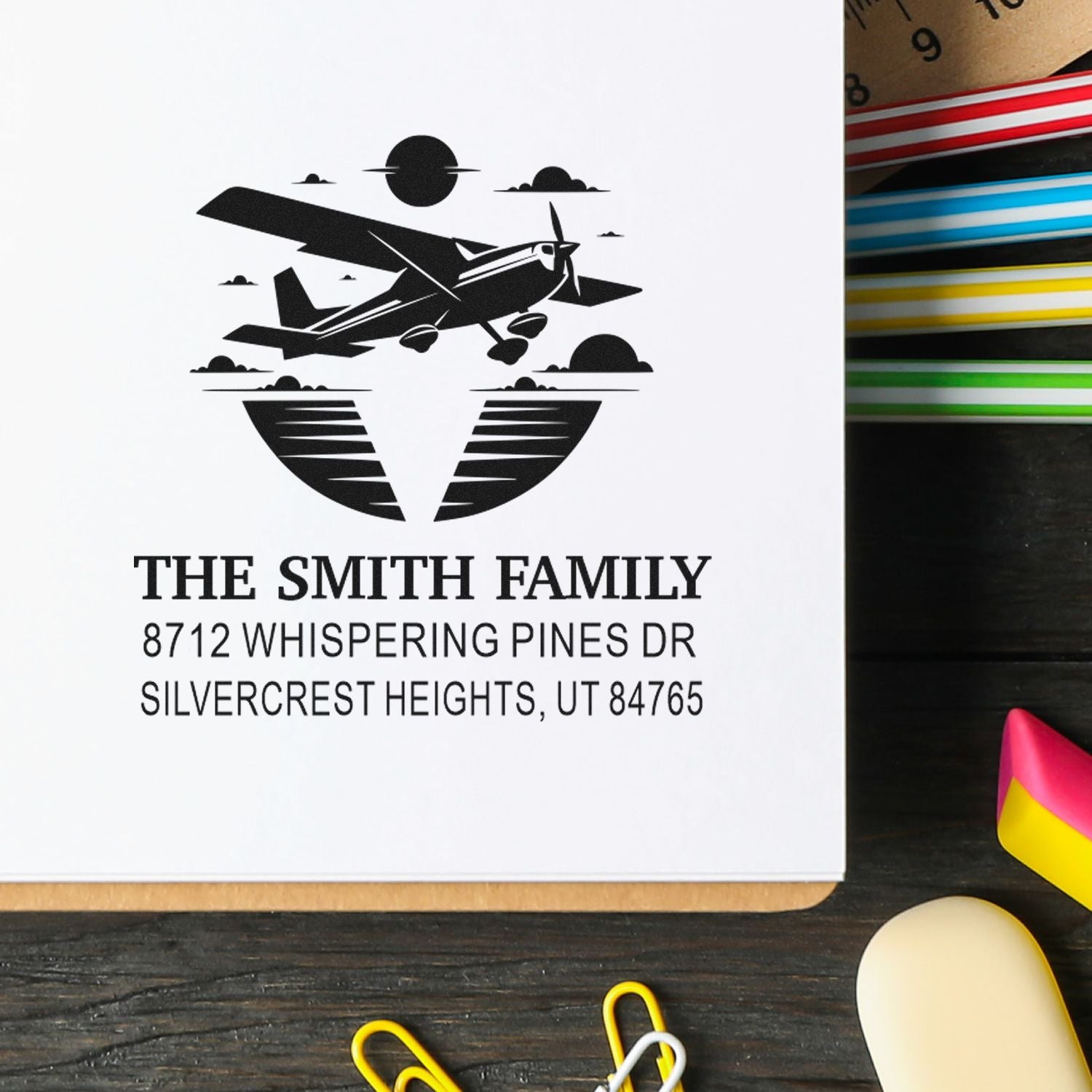Personalized address stamp with airplane logo and The Smith Family address on a white card beside colorful ink pads.