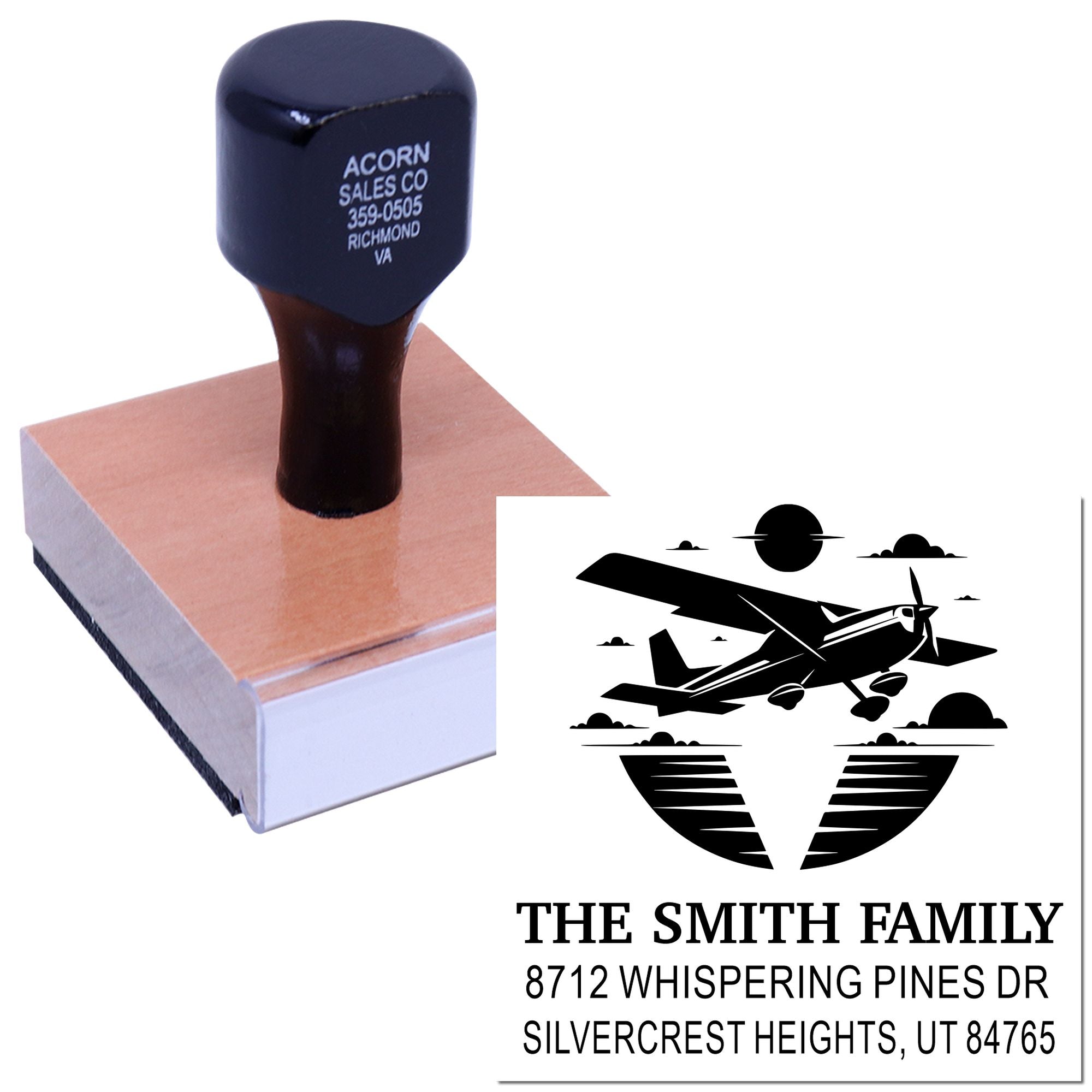 Custom self-inking address stamp with airplane silhouette, featuring The Smith Family return address for Whispering Pines Dr, Silvercrest Heights, UT.