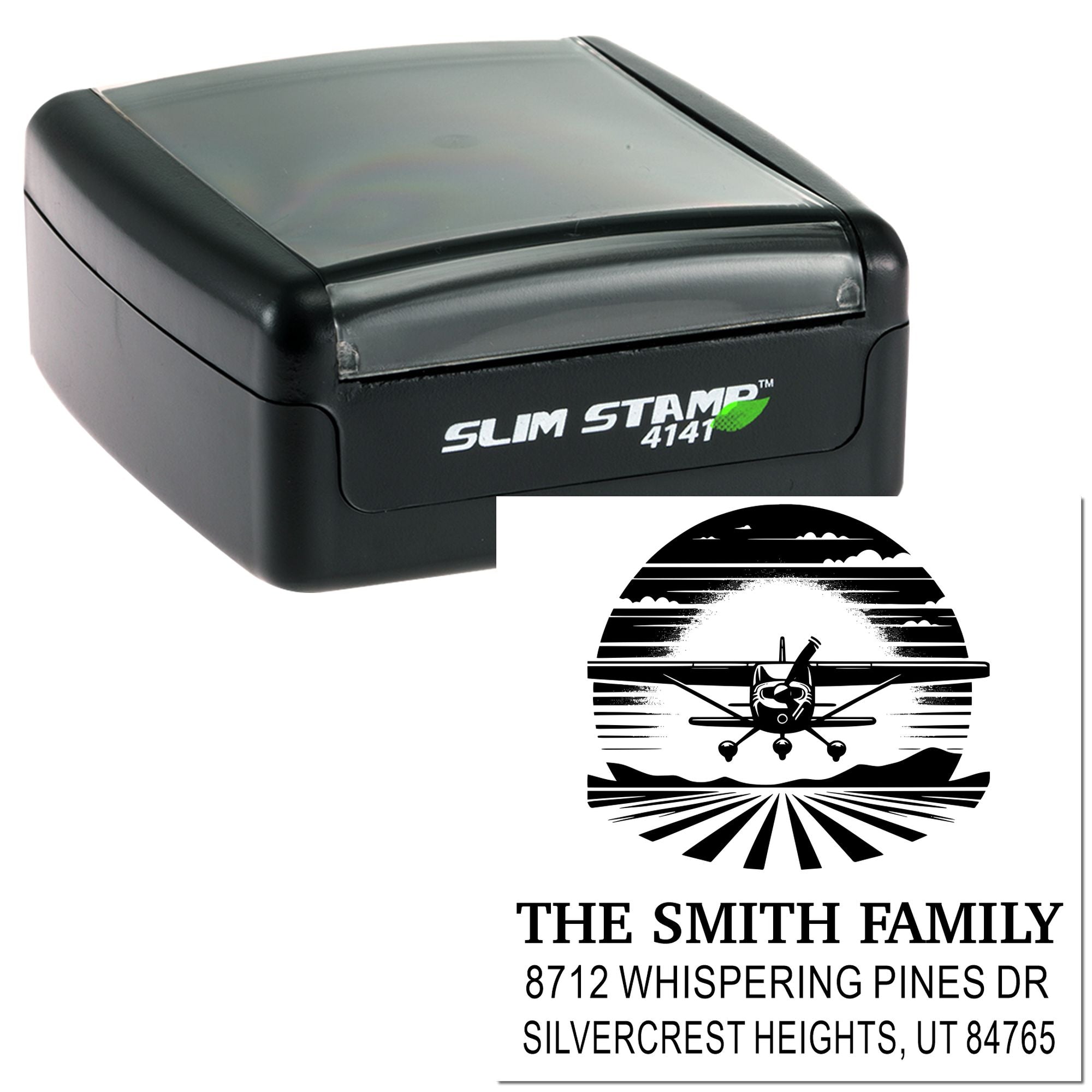 Personalized self-inking address stamp with airplane design, shown beside a black Slim Stamp 4141 case on a white background.