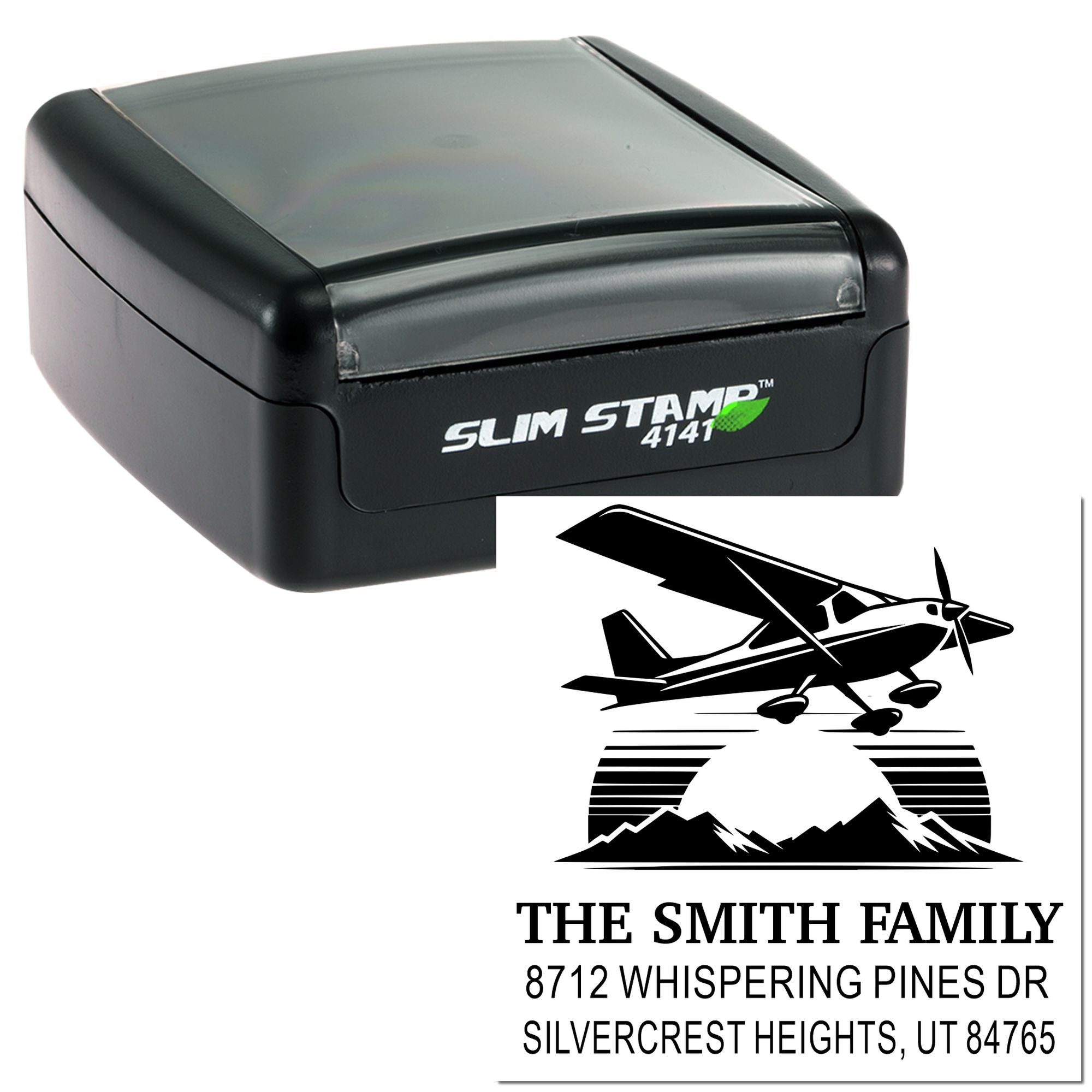 Custom self-inking Slim Stamp with airplane and mountain return address imprint for The Smith Family, Whispering Pines Dr, Silvercrest Heights, UT.