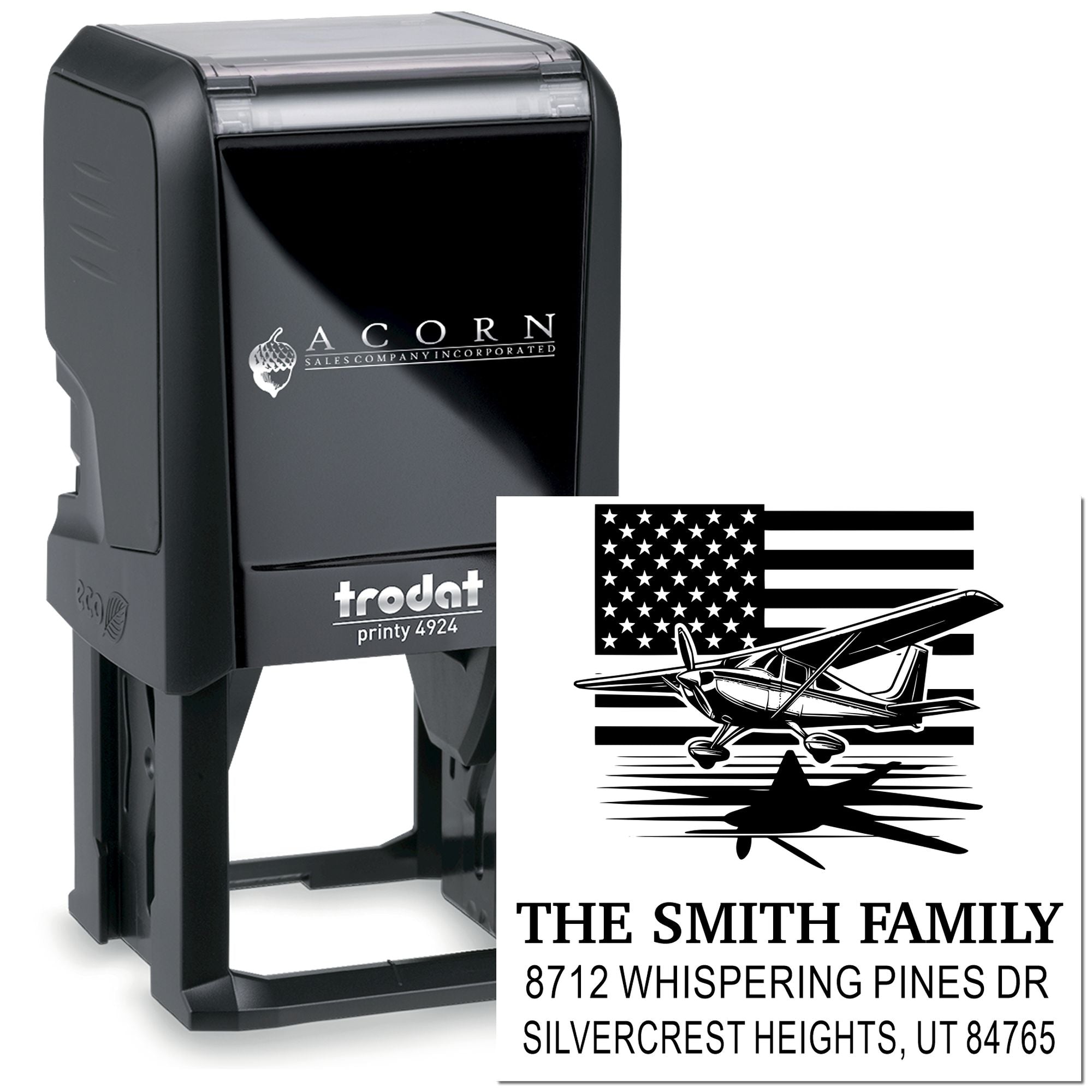 Custom self-inking address stamp with airplane and American flag design, showing The Smith Family return address on a white background.