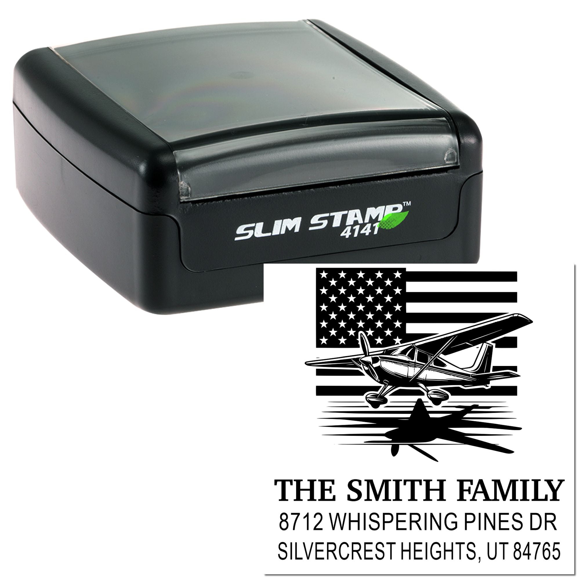 Slim self-inking address stamp with American flag and airplane design, customized for The Smith Family, on a white product background.