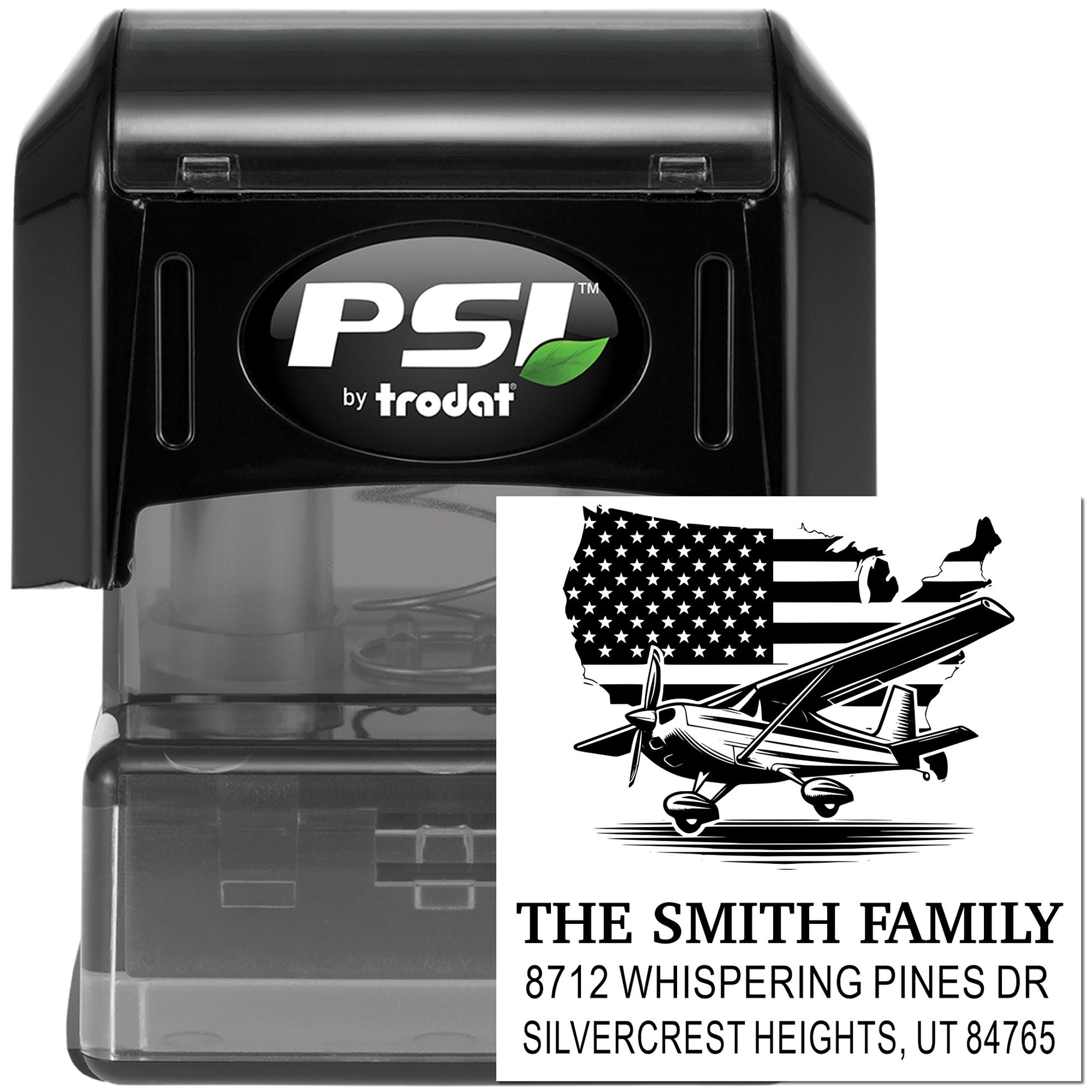 PSI by Trodat self-inking custom address stamp with American flag airplane design, showing The Smith Family address on a white background.