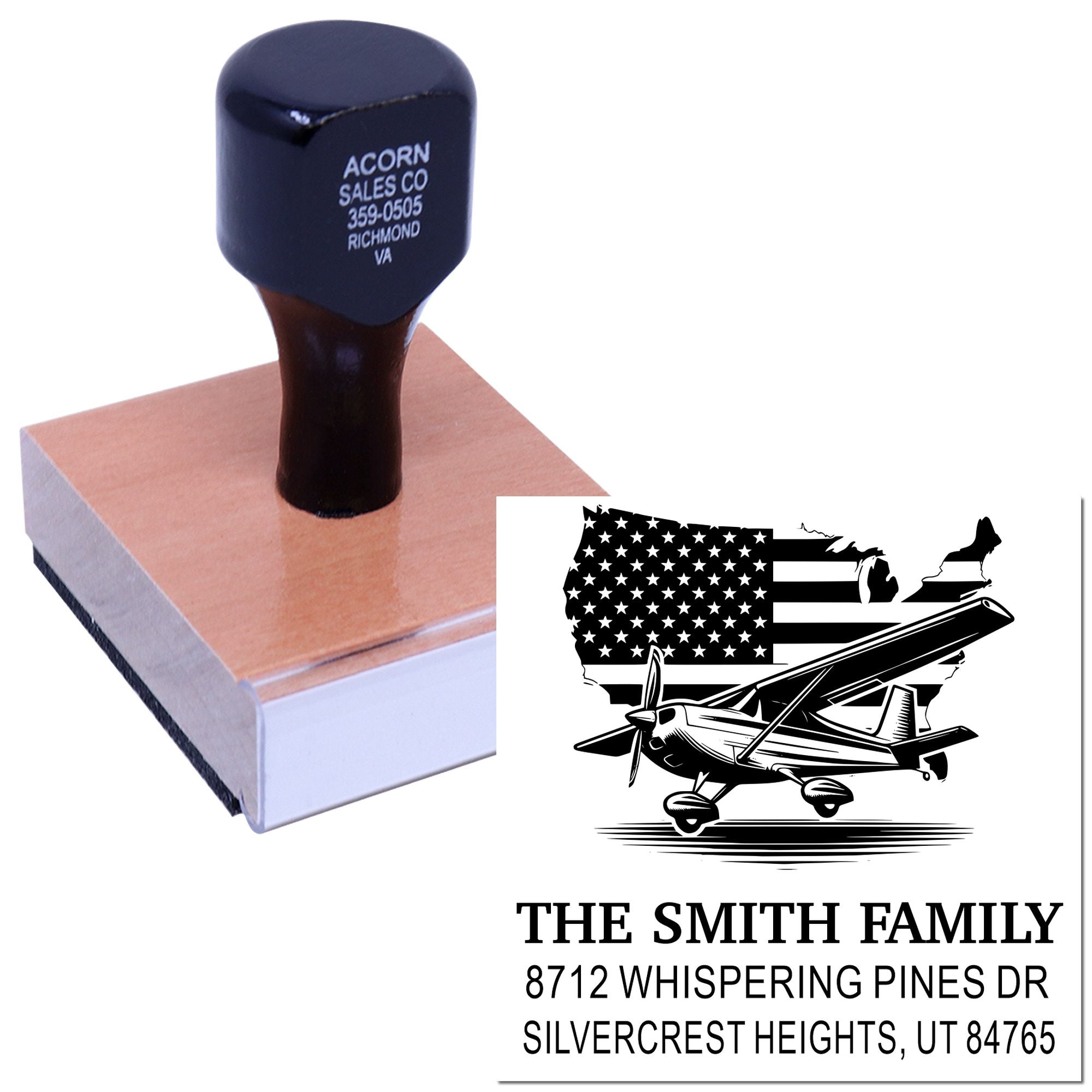 Personalized rubber address stamp with airplane and U.S. flag design, displaying The Smith Family address on a white background.