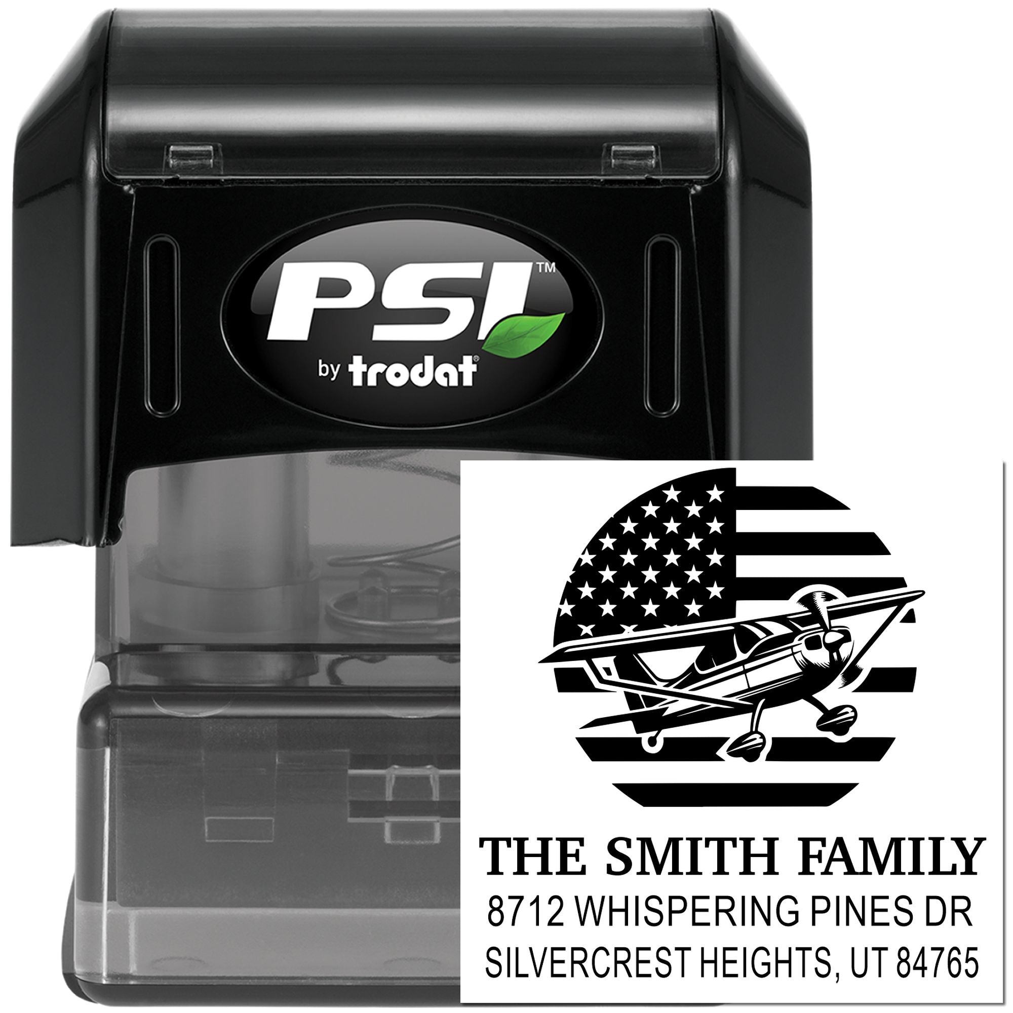PSI by Trodat self-inking address stamp with custom airplane and American flag design, showing The Smith Family and Silvercrest Heights, UT address.