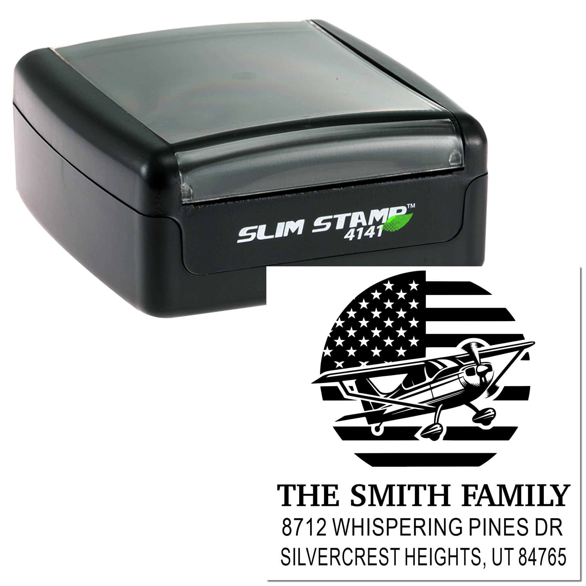 Black Slim Stamp self-inking custom address stamp with airplane and U.S. flag design, showing The Smith Family return address on white background.