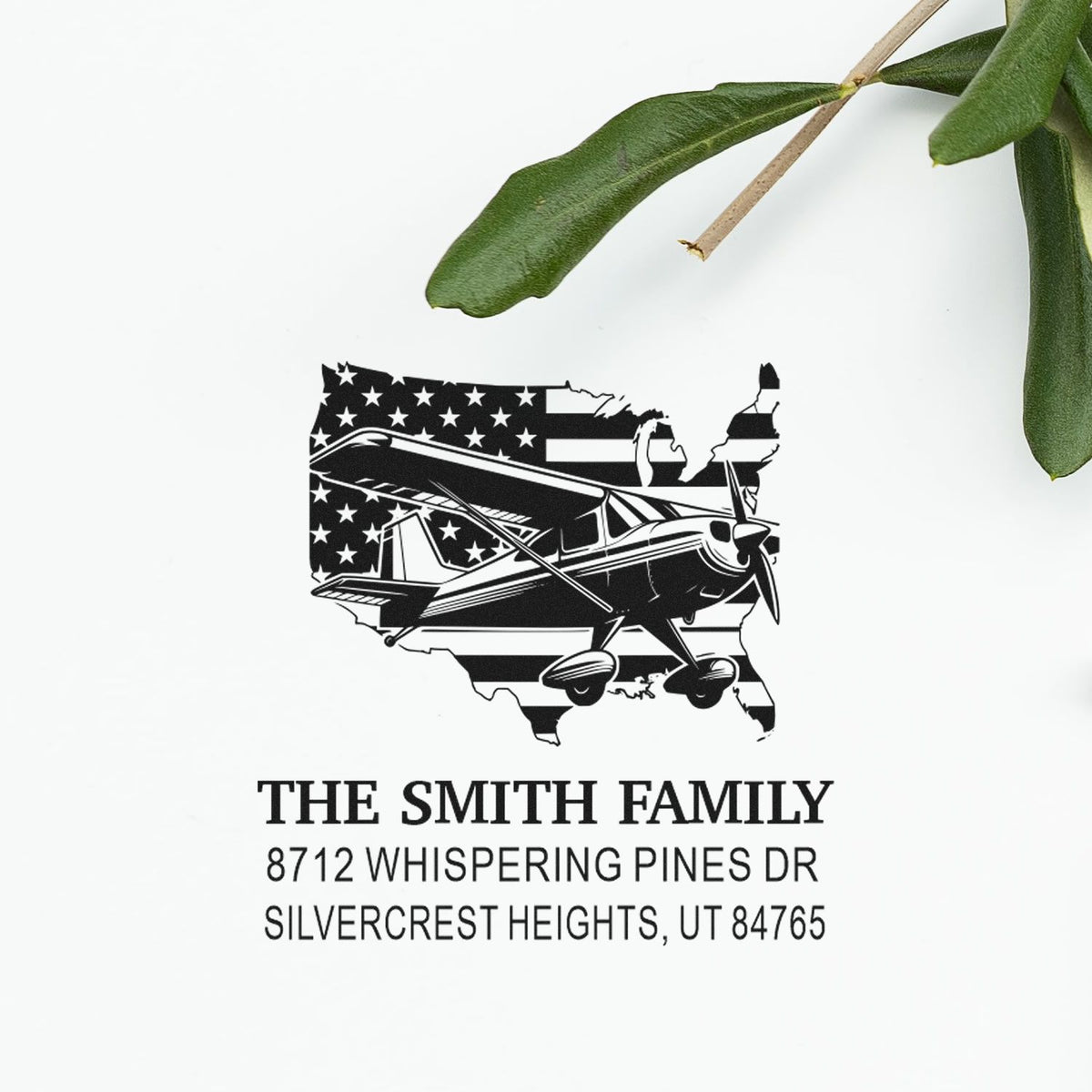 Custom address stamp with airplane and USA map design, reading The Smith Family, 8712 Whispering Pines Dr, Silvercrest Heights, UT 84765.