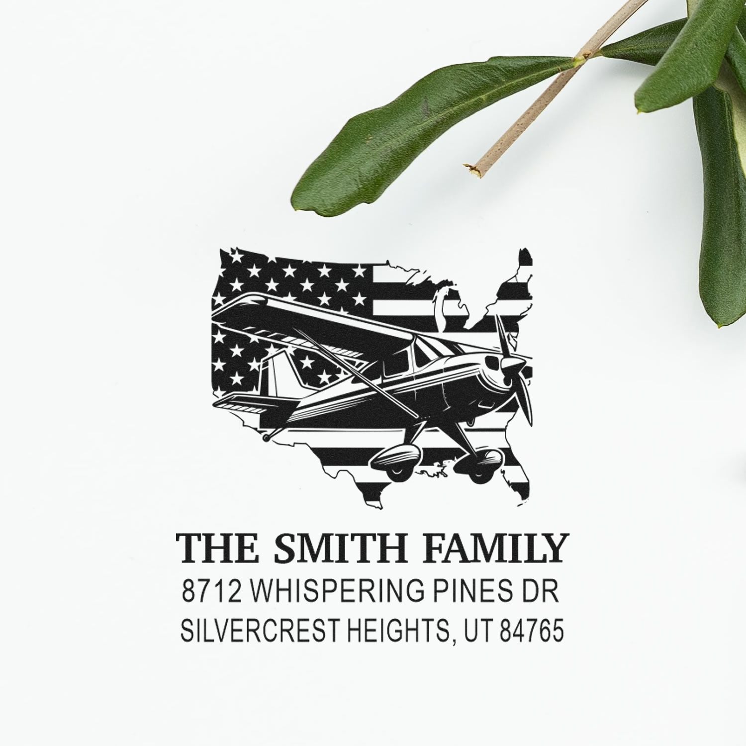 Personalized address stamp with U.S. map and airplane, featuring family name and address in a patriotic black-and-white design on a white background.