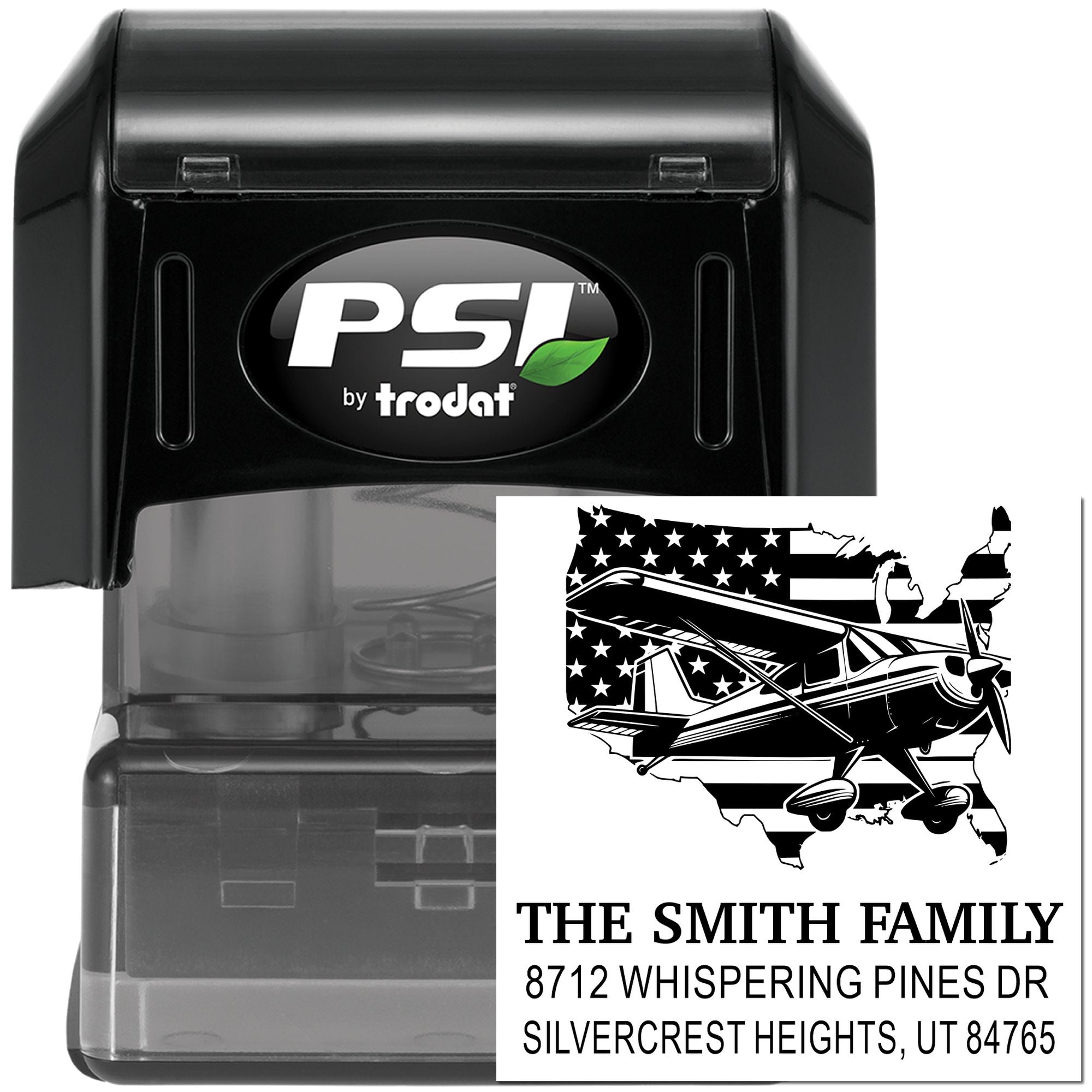 Custom PSI by Trodat address stamp with airplane and U.S. map design, featuring The Smith Family name and Silvercrest Heights, UT return address.