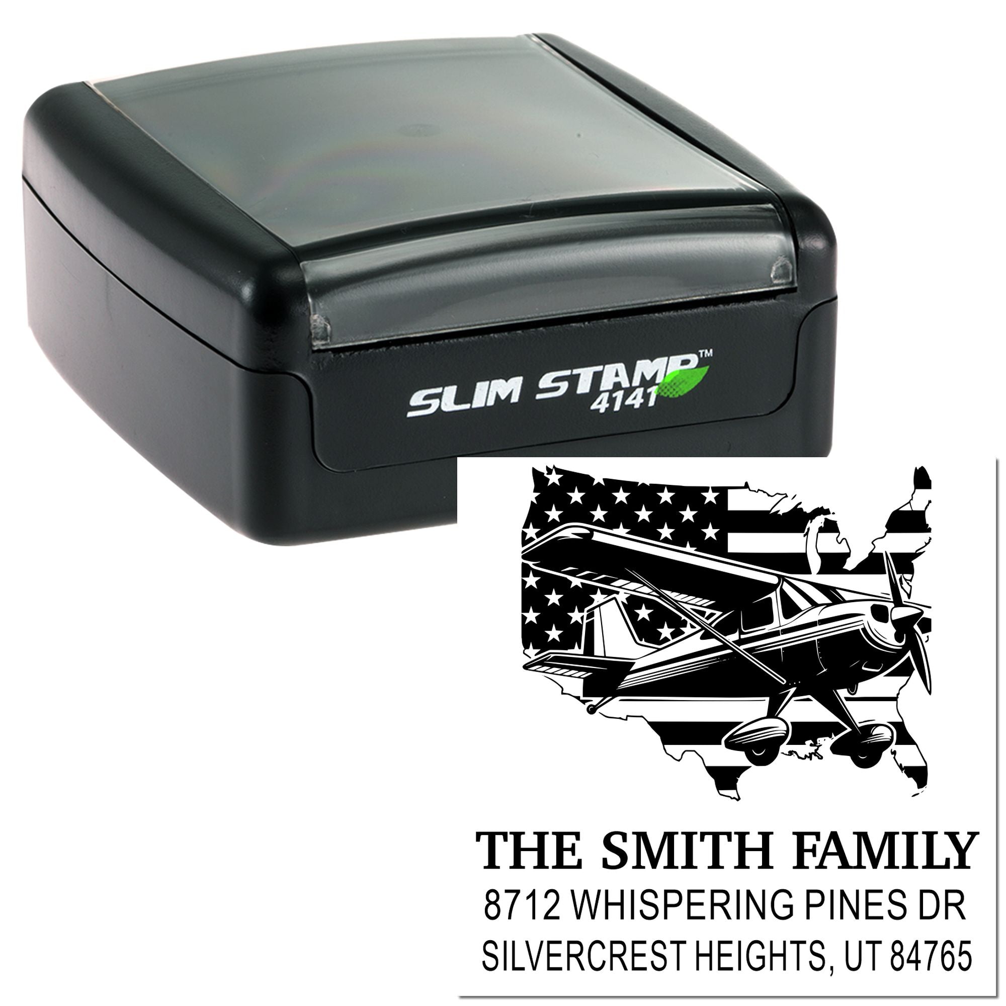 Slim Stamp 4141 self-inking address stamp with airplane-and-USA graphic for The Smith Family on a white background.