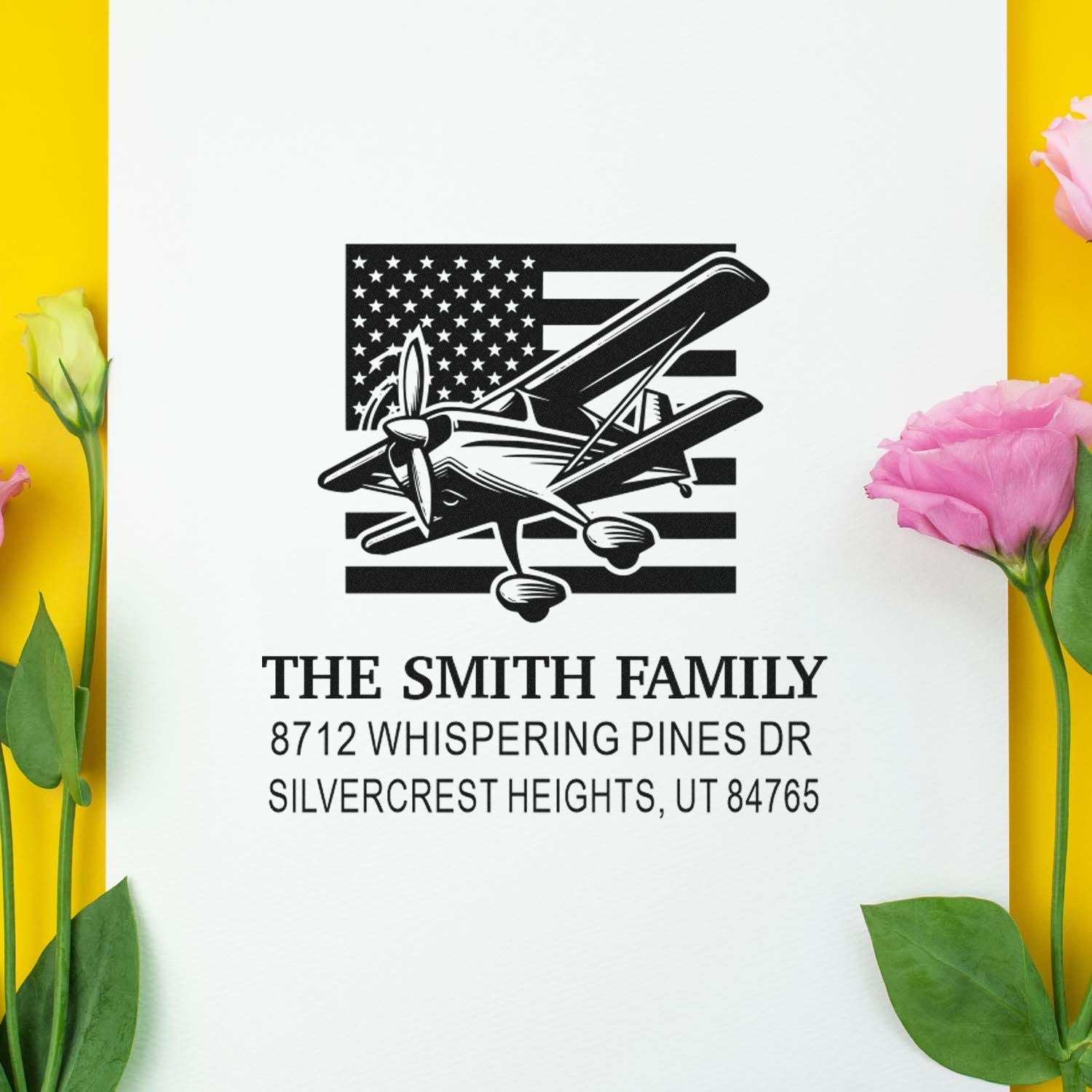 Personalized address stamp with airplane over American flag design, featuring The Smith Family and Silvercrest Heights, Utah.