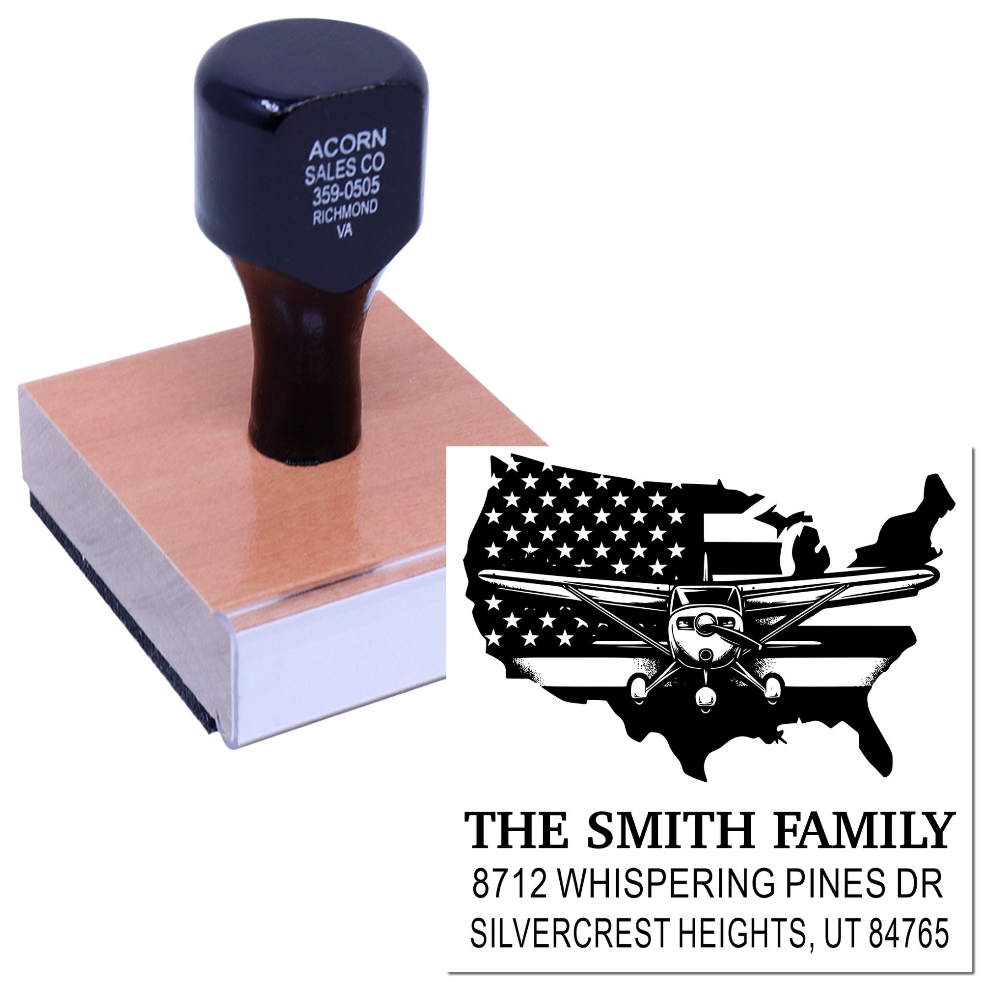 Custom rubber address stamp on wooden block, featuring USA map with airplane, The Smith Family name, and personalized home address.