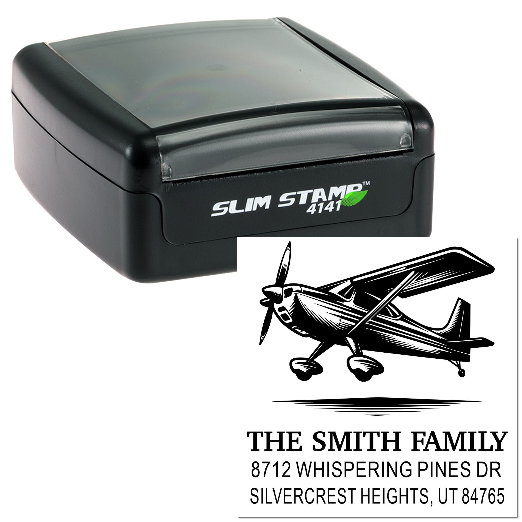 Custom self-inking Slim Stamp with airplane design and The Smith Family address imprint on a white background.