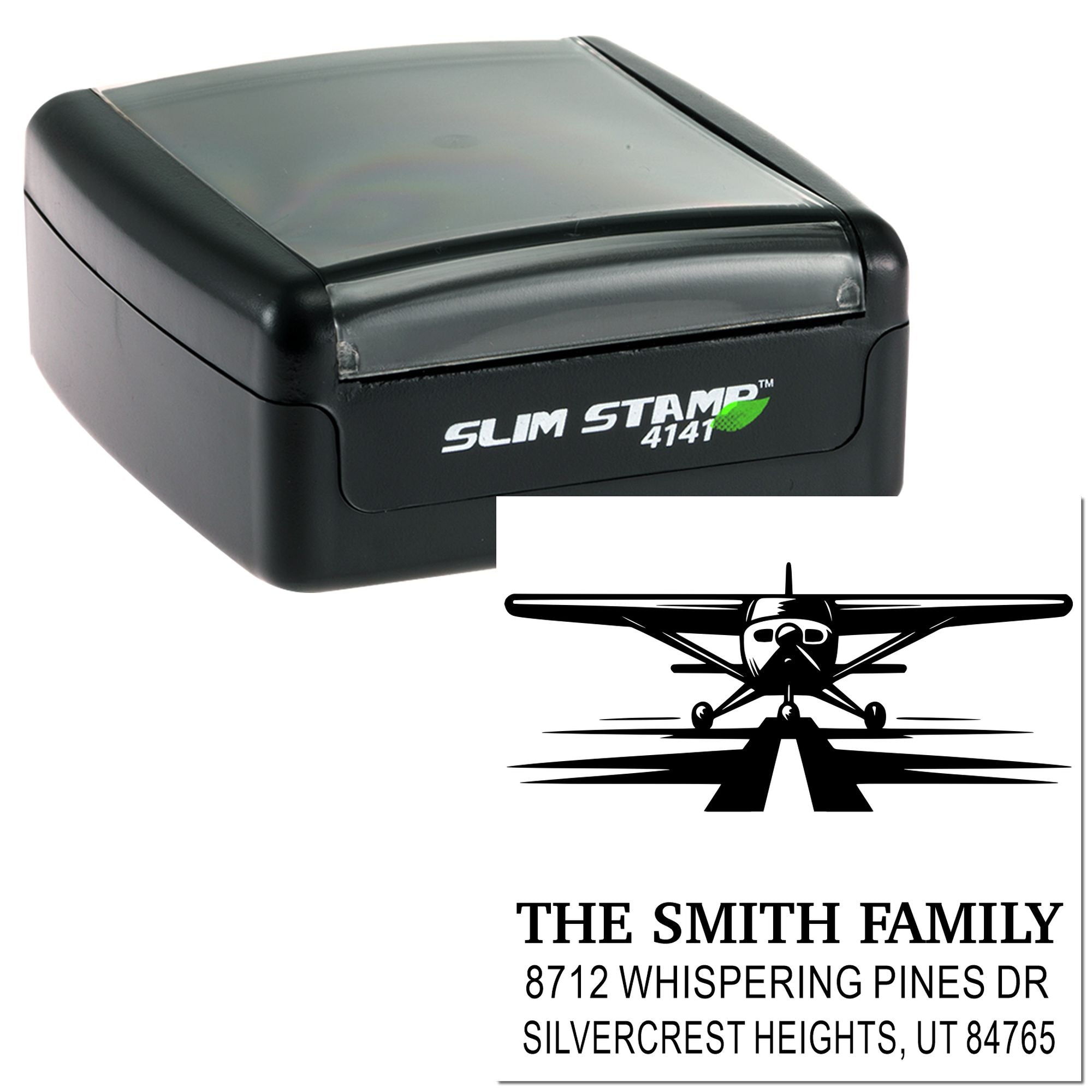 Custom Slim Stamp 4141 self-inking address stamp with airplane graphic and The Smith Family return address on a white background.
