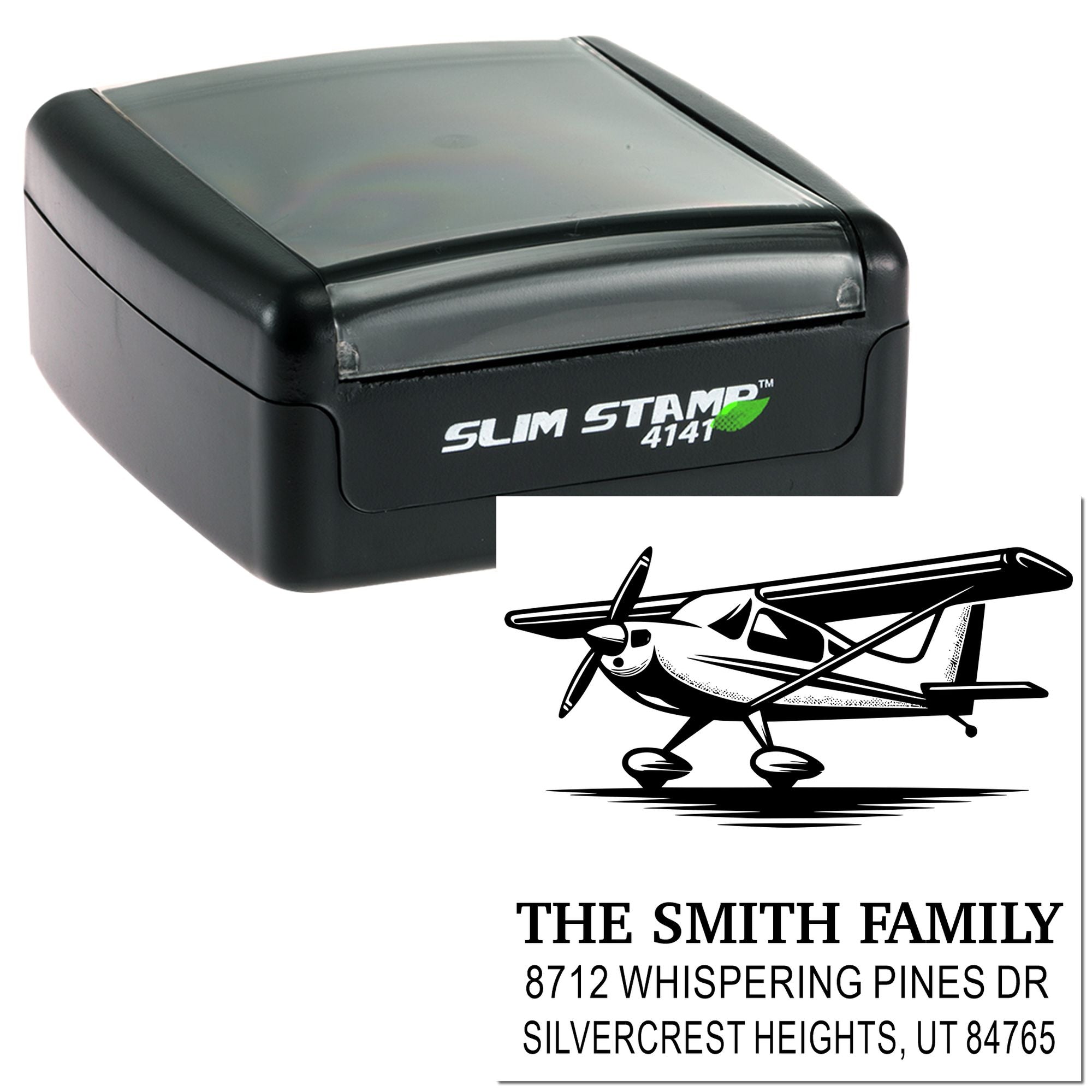 Slim Stamp 4141 custom self-inking address stamp with airplane graphic, showing The Smith Family return address in Silvercrest Heights, UT.