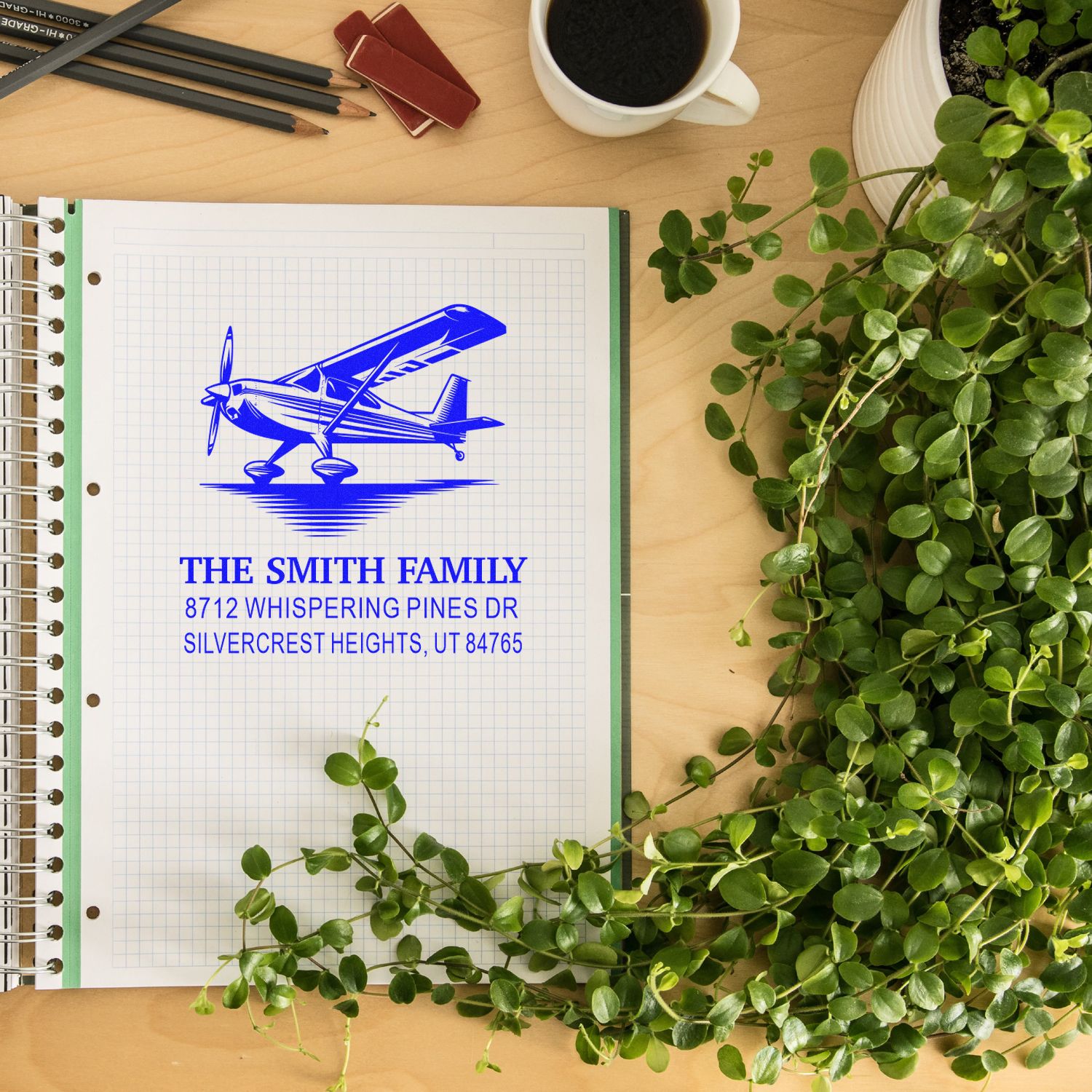 Custom family address stamp with blue airplane design on graph paper notebook, styled on a desk with coffee, pencils, and greenery.