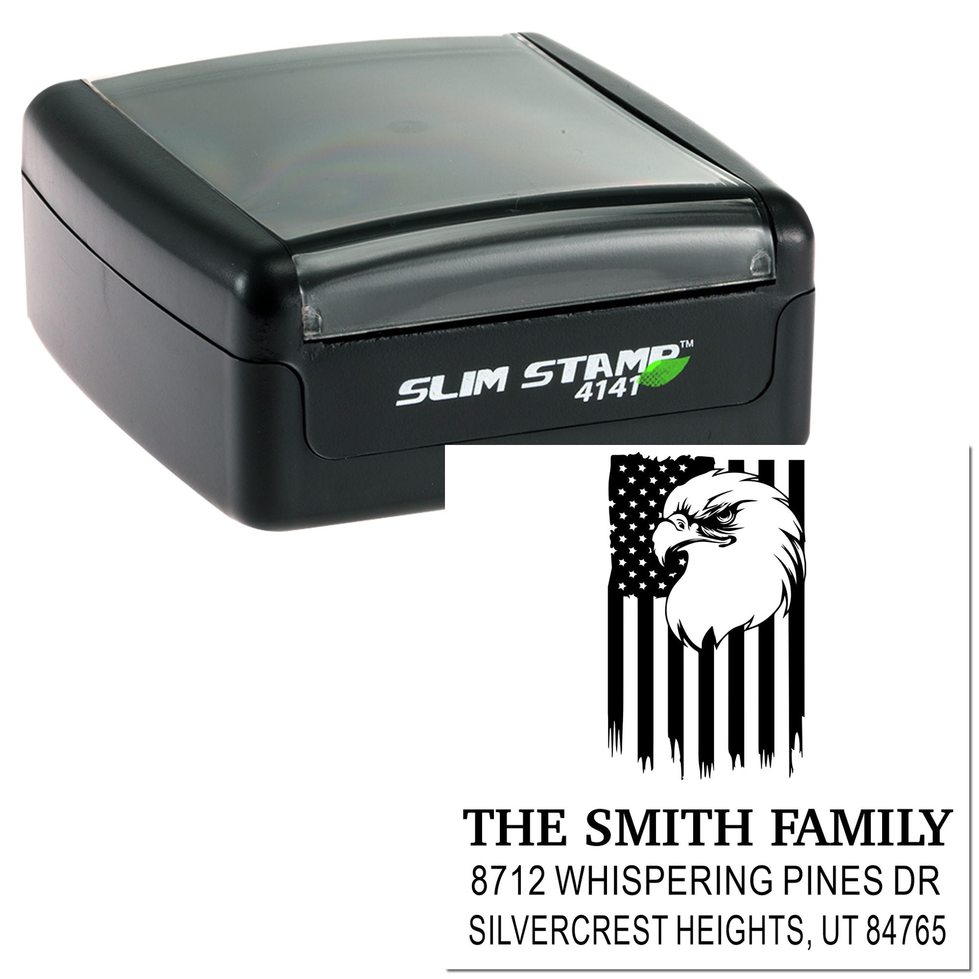 Black self-inking custom address stamp with eagle and U.S. flag design, showing The Smith Family address on a white background.