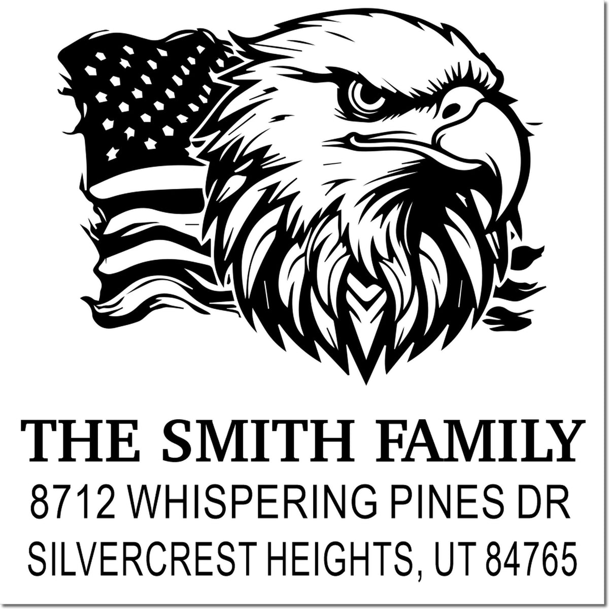 Custom return address stamp with eagle and American flag design, featuring The Smith Family and Silvercrest Heights, UT address.