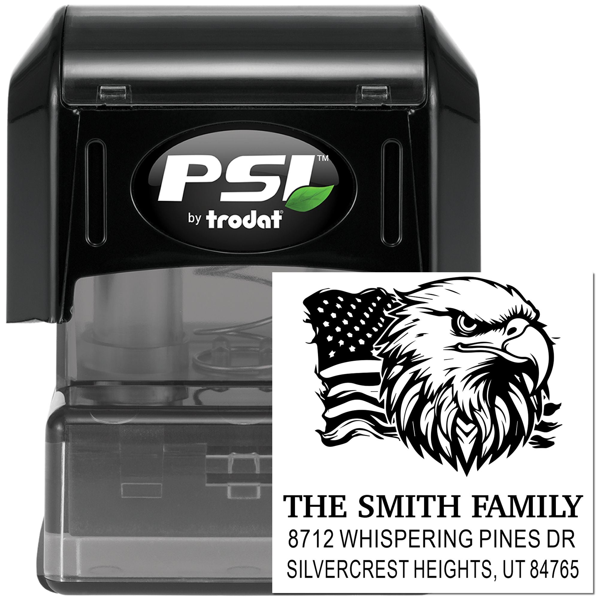 PSI by Trodat self-inking address stamp with eagle and American flag design, featuring The Smith Family and Silvercrest Heights, UT 84765.