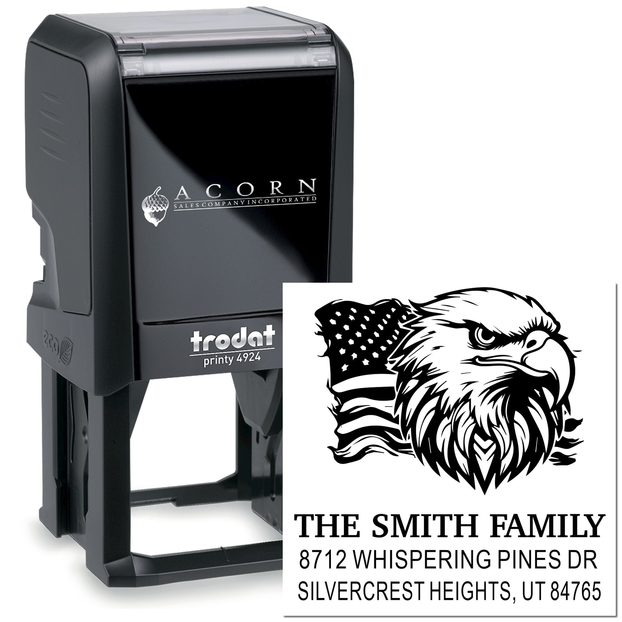 Custom self-inking rubber stamp with eagle American flag design, Smith family return address, Trodat Printy 4924 for home mailing and envelopes.