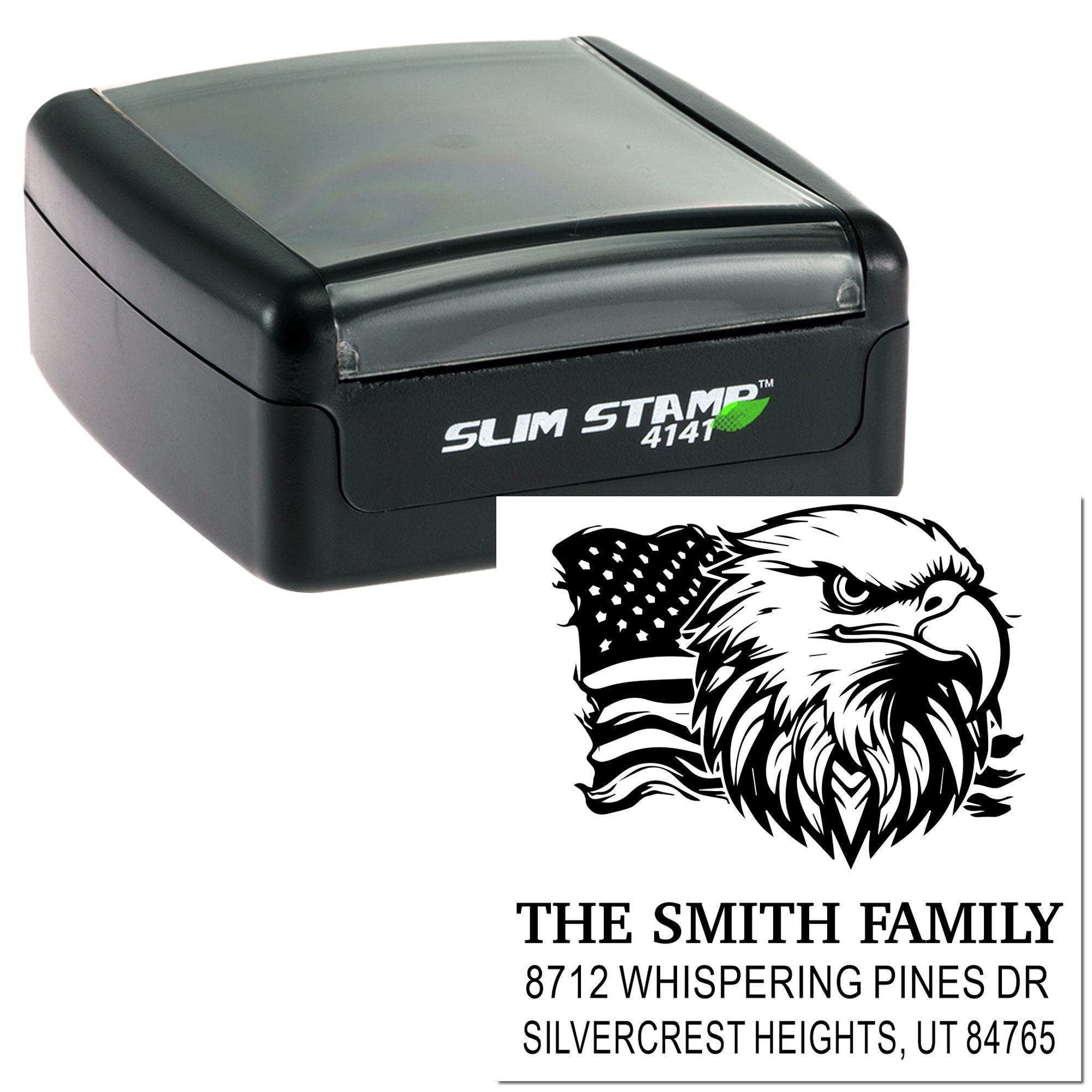 Custom self-inking Slim Stamp 4141 with eagle and U.S. flag design, labeled The Smith Family and address in Silvercrest Heights, Utah.