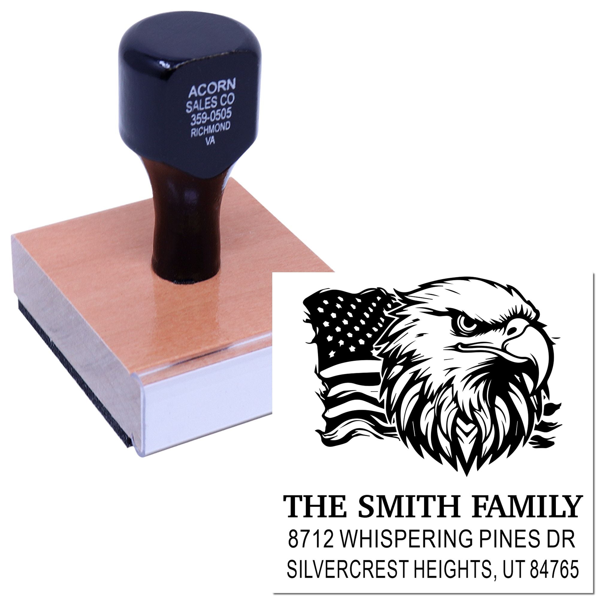 Custom return address stamp with eagle and American flag design, shown on a wooden mount with The Smith Family address imprint.