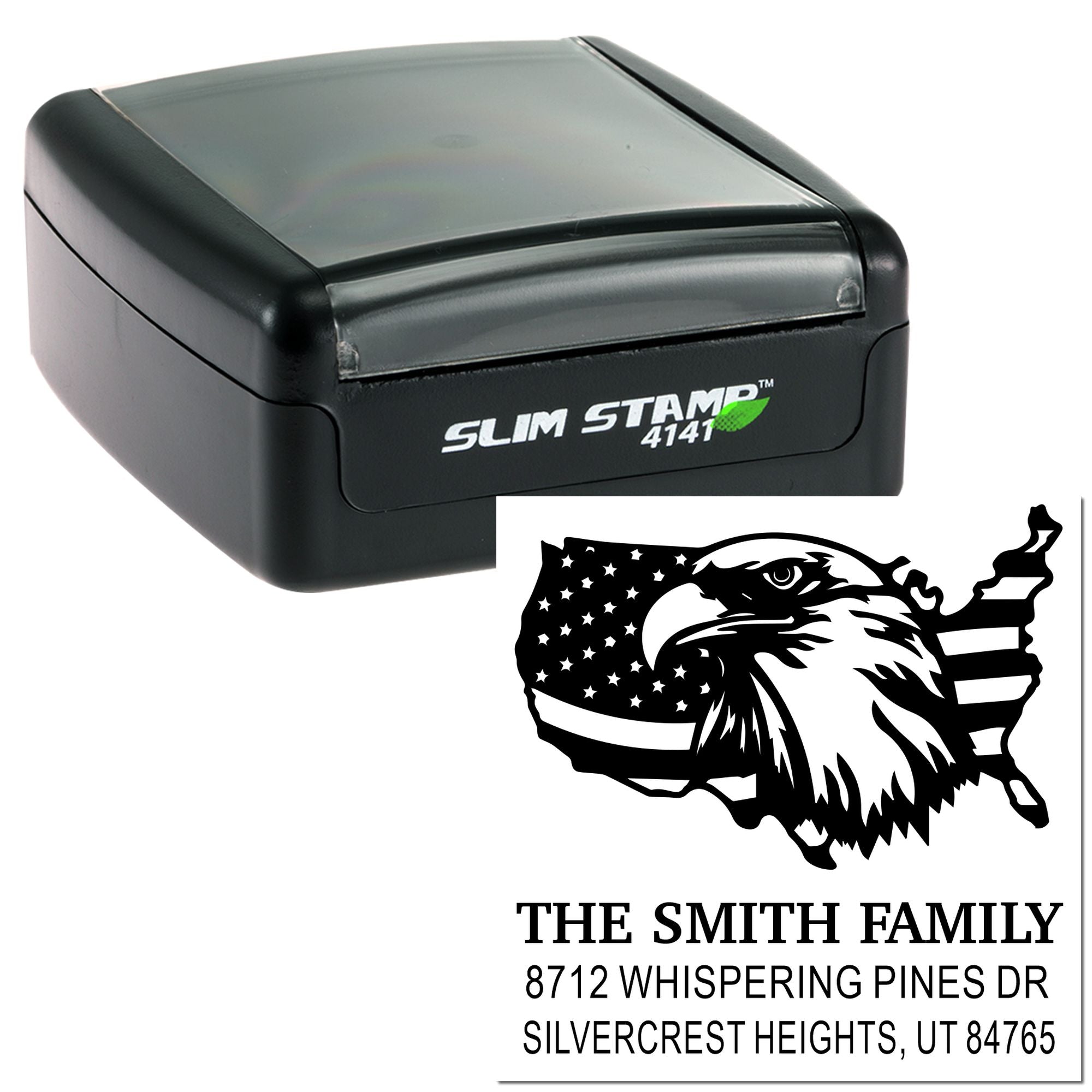 Custom self-inking rubber stamp with eagle and American flag design, personalized return address stamp for The Smith Family, Slim Stamp 4141 for mail