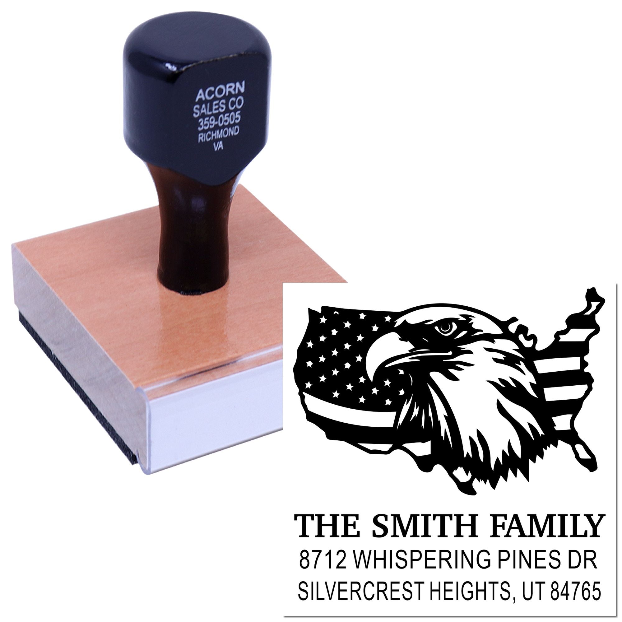 Custom address rubber stamp with eagle and American flag design, pressed on a stamp pad; shows The Smith Family mailing address on white background.