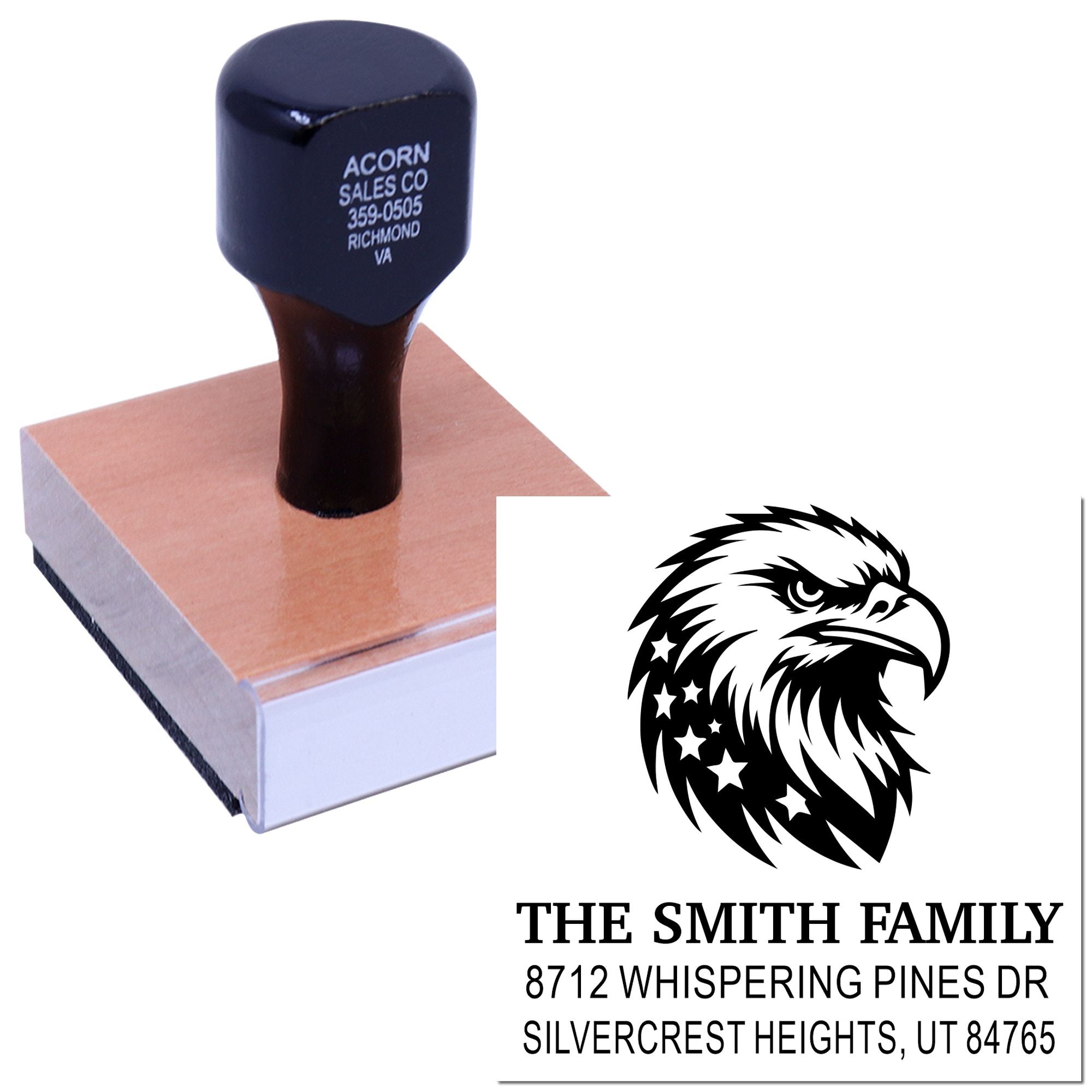 Personalized rubber stamp with eagle graphic and family address, featuring a black handle and wooden base for return mailing and home use