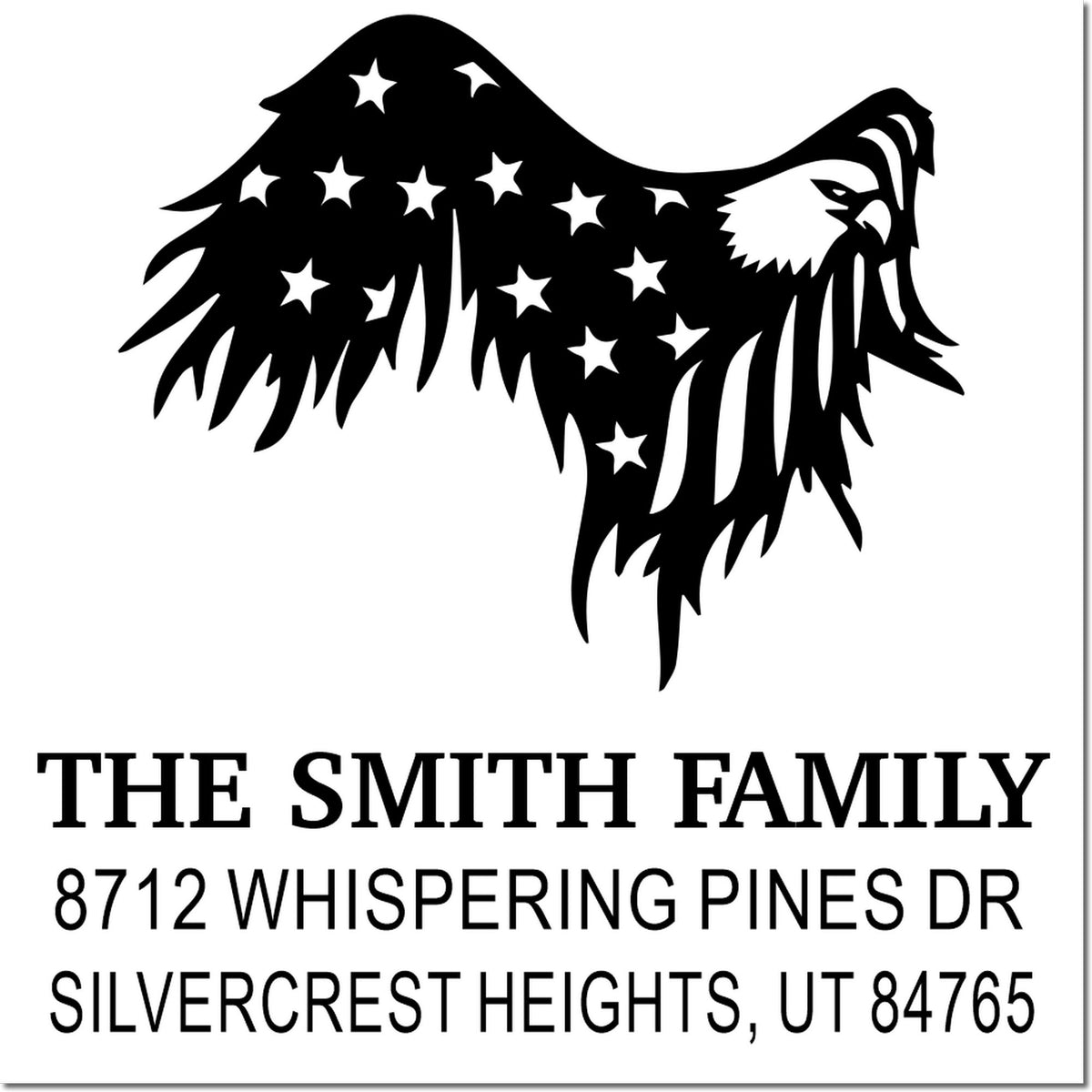 Custom address stamp featuring patriotic eagle silhouette with stars and The Smith Family, 8712 Whispering Pines Dr, Silvercrest Heights, UT 84765.