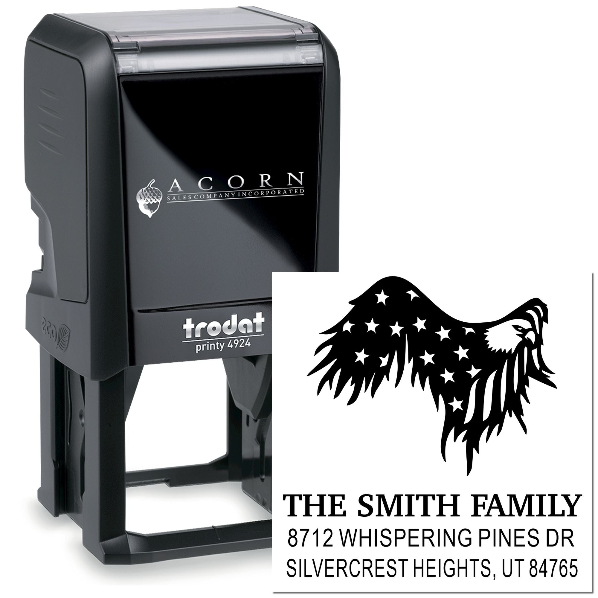 Custom self-inking address stamp with eagle design, showing The Smith Family name and Utah address on a white background.