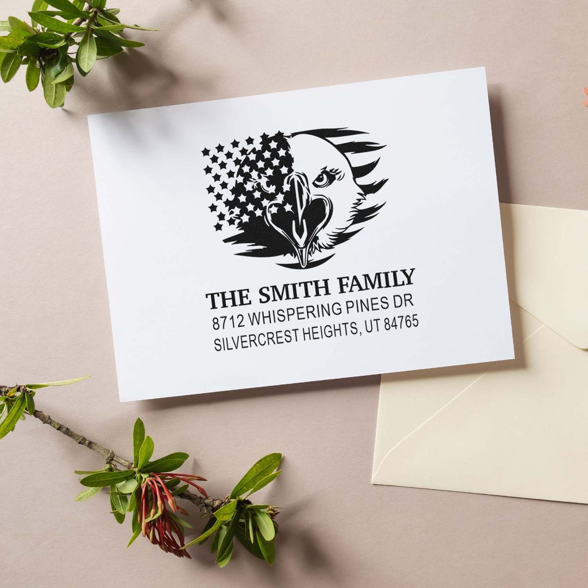 Custom family return address rubber stamp with eagle design, The Smith Family, 8712 Whispering Pines Dr, Silvercrest Heights, UT 84765