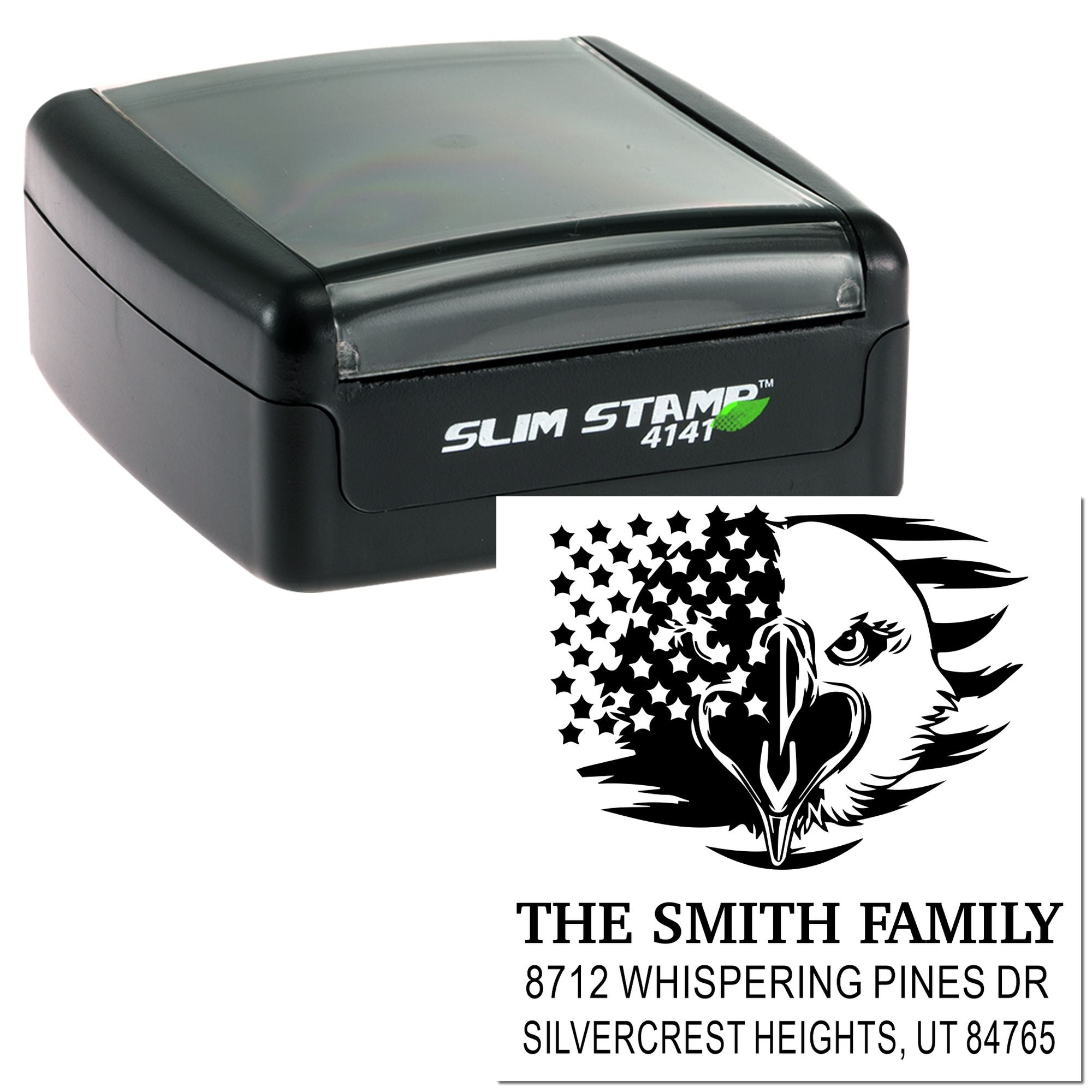 Custom self-inking address stamp with eagle design, showing Slim Stamp 4141 and personalized Smith Family return address on a white background.
