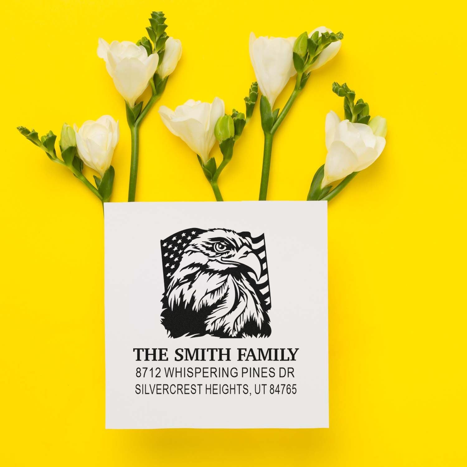 Custom address rubber stamp with eagle design and Smith Family name, personalized return address stamp for envelopes, cards, mailing and packaging