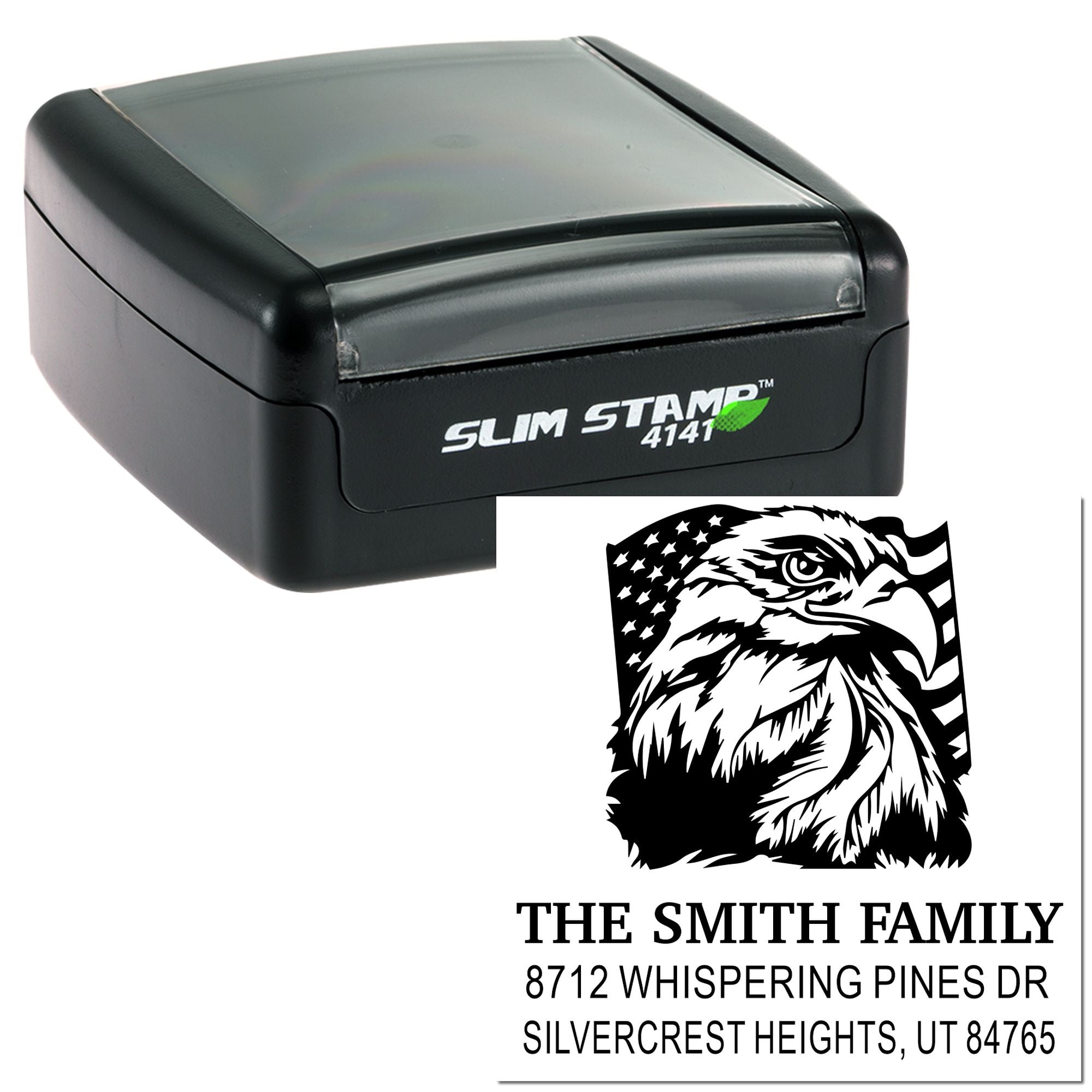 Slim Stamp 4141 self-inking custom address stamp with eagle graphic, showing The Smith Family name and mailing address on white background.